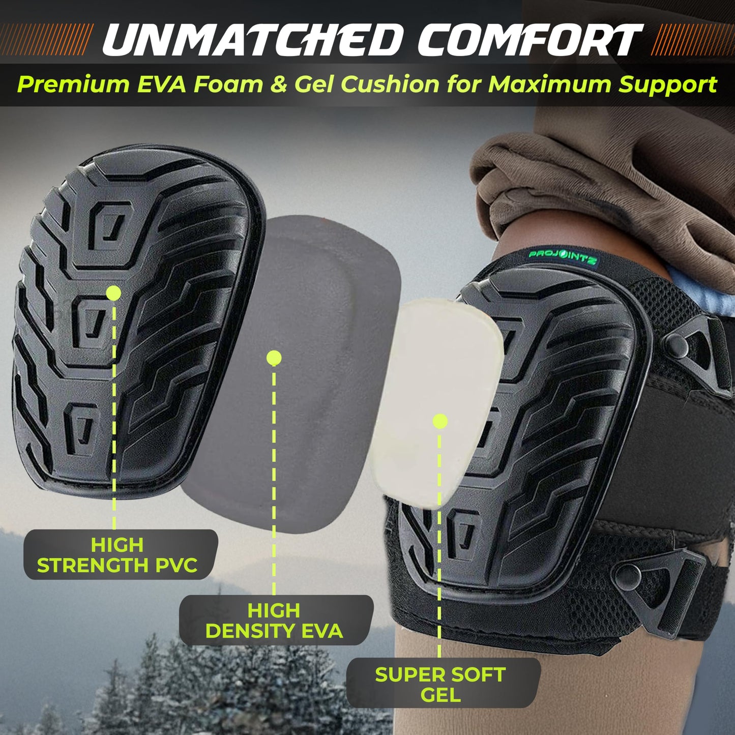 ProJointz Gel Knee Pads for Work – Heavy Duty Construction Knee Pads With Foam Cushioning - Adjustable, Comfortable Fit For Flooring, Roofing, Gardening