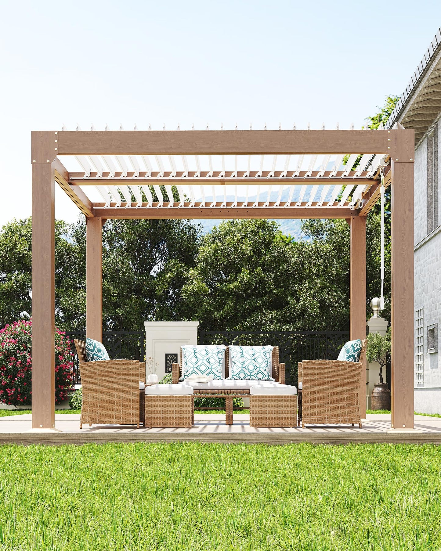 GarveeLife Louvered Pergola 10 ft x10', Outdoor Pergola with Adjustable Louvered Roof, Reinforced Aluminum Frame, Integrated Drainage System, Hardtop Gazebo for Patio, Deck, Wood Grain