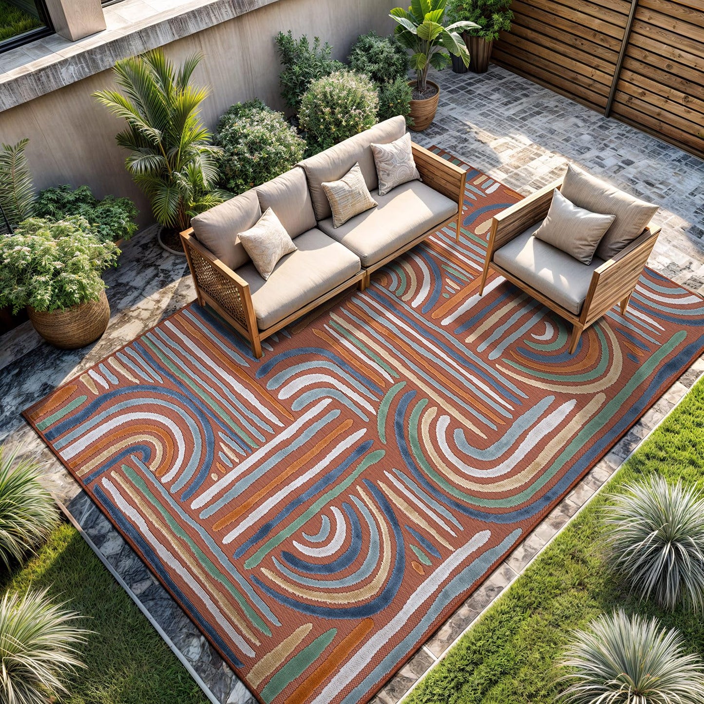 CAMILSON Indoor Outdoor Rug, Orange 6x9 Geometric Arch Striped Area Rugs for Patio and Home Areas, Easy-Cleaning Non-Shedding Living Room, Garden and Deck Washable Outside Carpet (6 x 9)