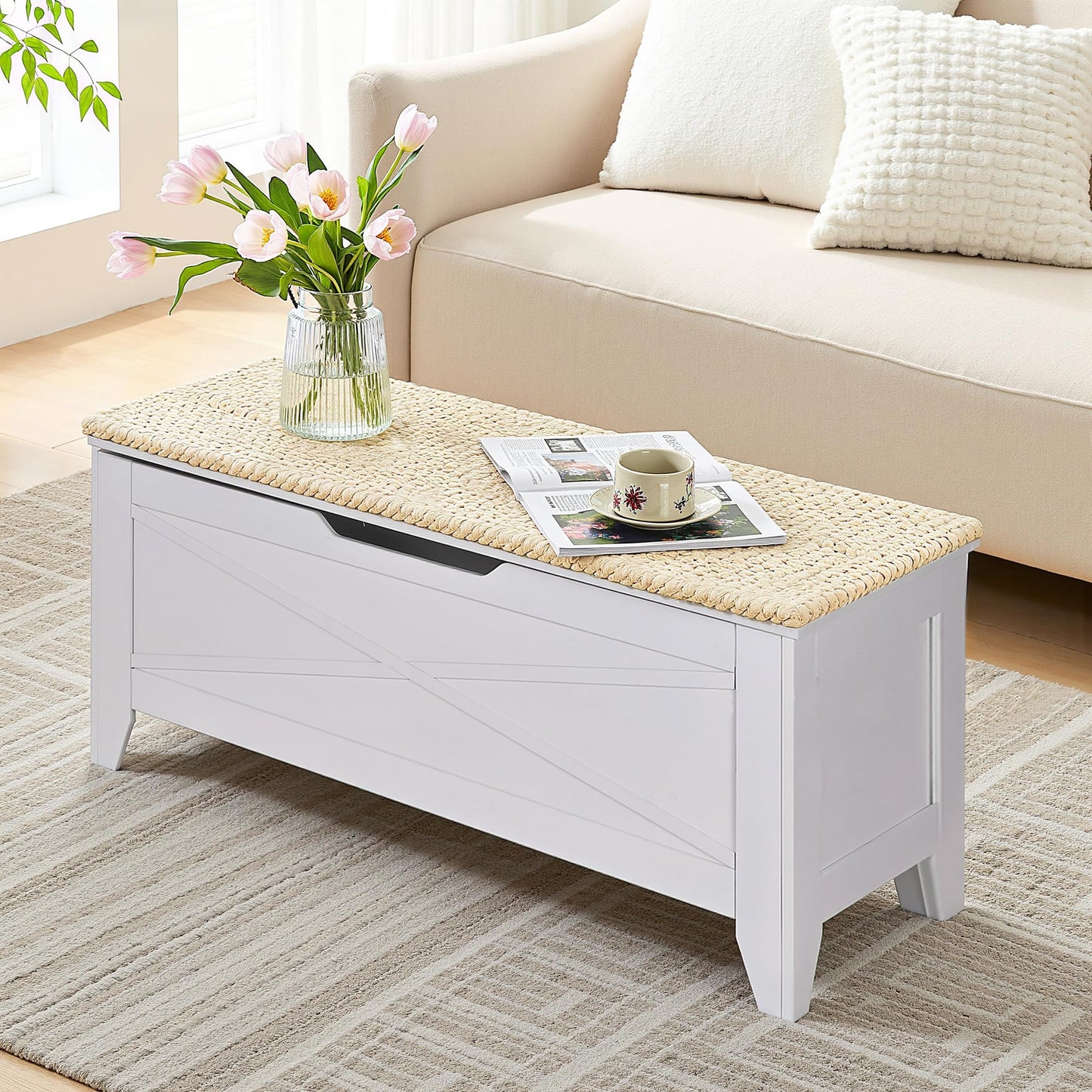 VECELO 43.3" Storage Bench with Handwoven Wicker Cushion, Lift Top Shoe Bench with Safety Hinges, Ideal for Entryway, Bedroom, Living Room, White