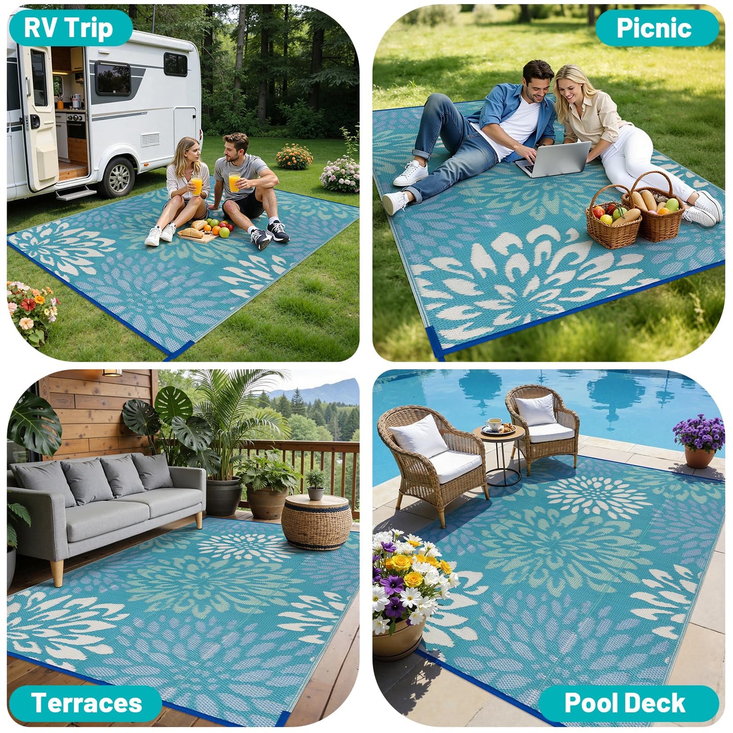 HEBE Waterproof Outdoor Rug 5x8 for Patios, Floral Reversible Plastic Straw Rug Patio Mat, Indoor Outdoor Carpet RV Mat Camping Rug for Deck, Camper, Porch, Balcony, Backyard, Picnic