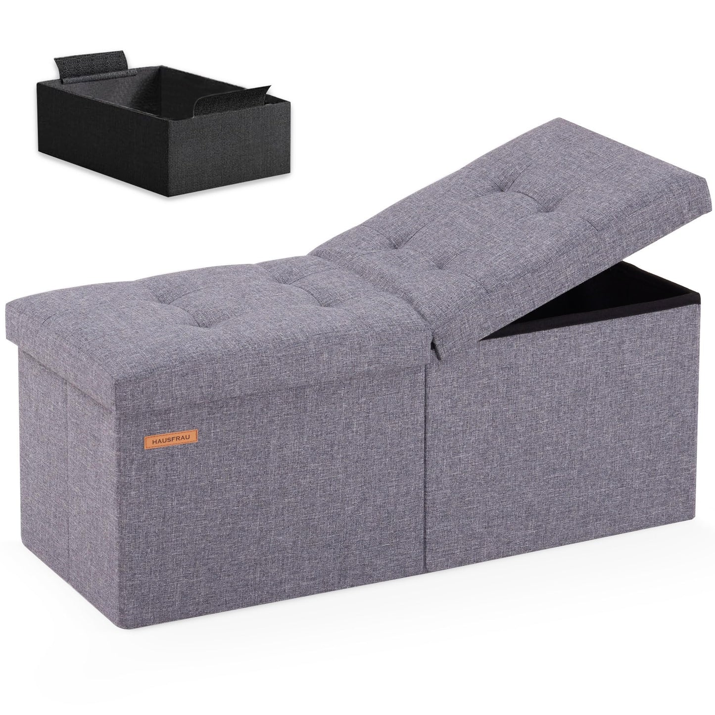 HAUSFRAU 31.5 Inches Ottoman with Storage, Folding Ottoman Bench Small Foot Rest Stool, Bedroom Bench with Flipping Lid, Linen Grey