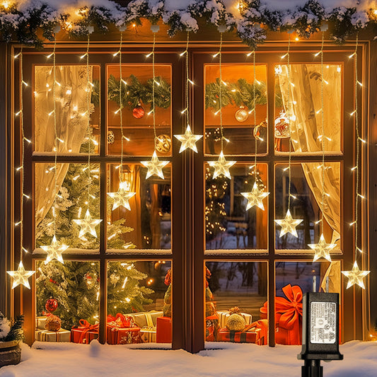 woohaha 118LED Star Icicle Lights,Window Curtain Light Plug in,8 Modes Timer Hanging String Lights,Connectable Warm White Star Lights for Bedroom Indoor Party Wedding Ramadan Christmas Decorations