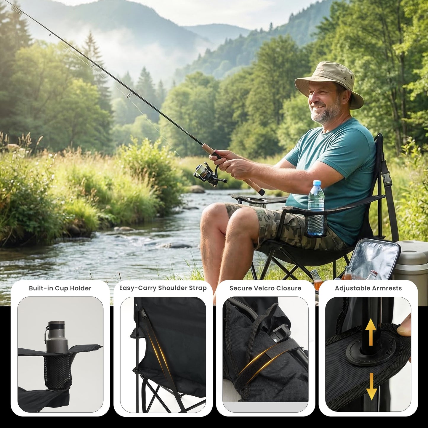 SUNNYFEEL Portable Camping Chair with Side Pockets & Cup Holder 500LBS Capacity Padded Portable Outdoor Chair, Carry Bag Included, Great for Camping, Tailgating, Firepits, Patio, & More Black
