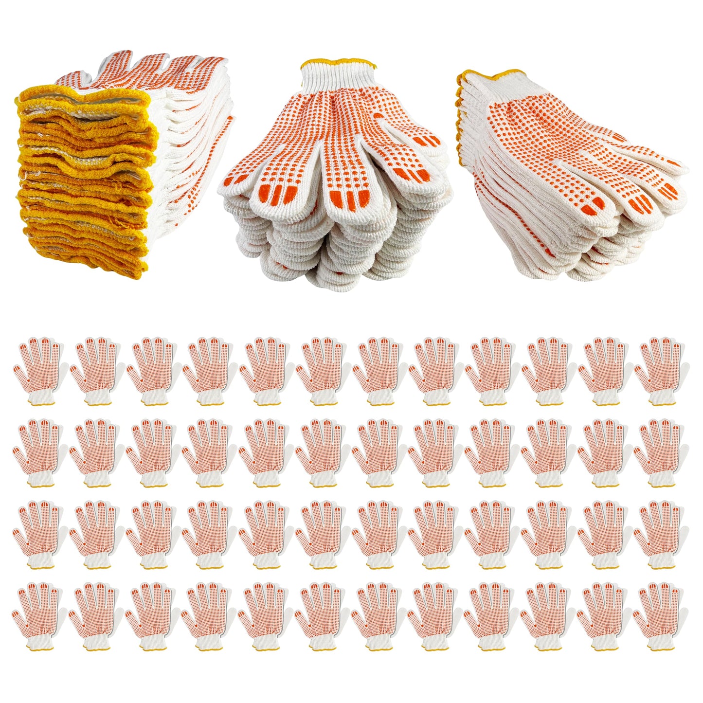Winterlace 48 Pairs Cotton Grip Work Gloves Bulk Safety Protection Non-Slip PVC Rubber Dots Garage Construction Warehouse Wholesale (48 Pairs - Orange Dots)