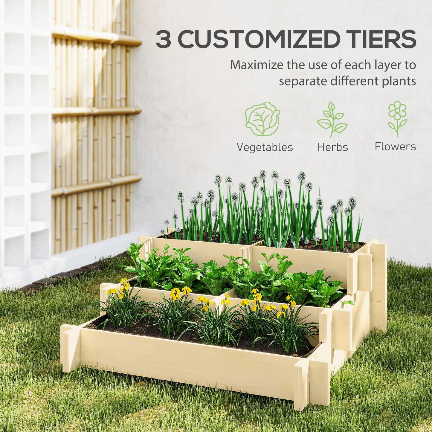 Outsunny 3-Tier Raised Garden Bed with 5 Compartments and Bed Liner, Fir Wood Elevated Planter Box, for Vegetables, Herbs, Outdoor Plants, 37 x 37 x 14in, Natural