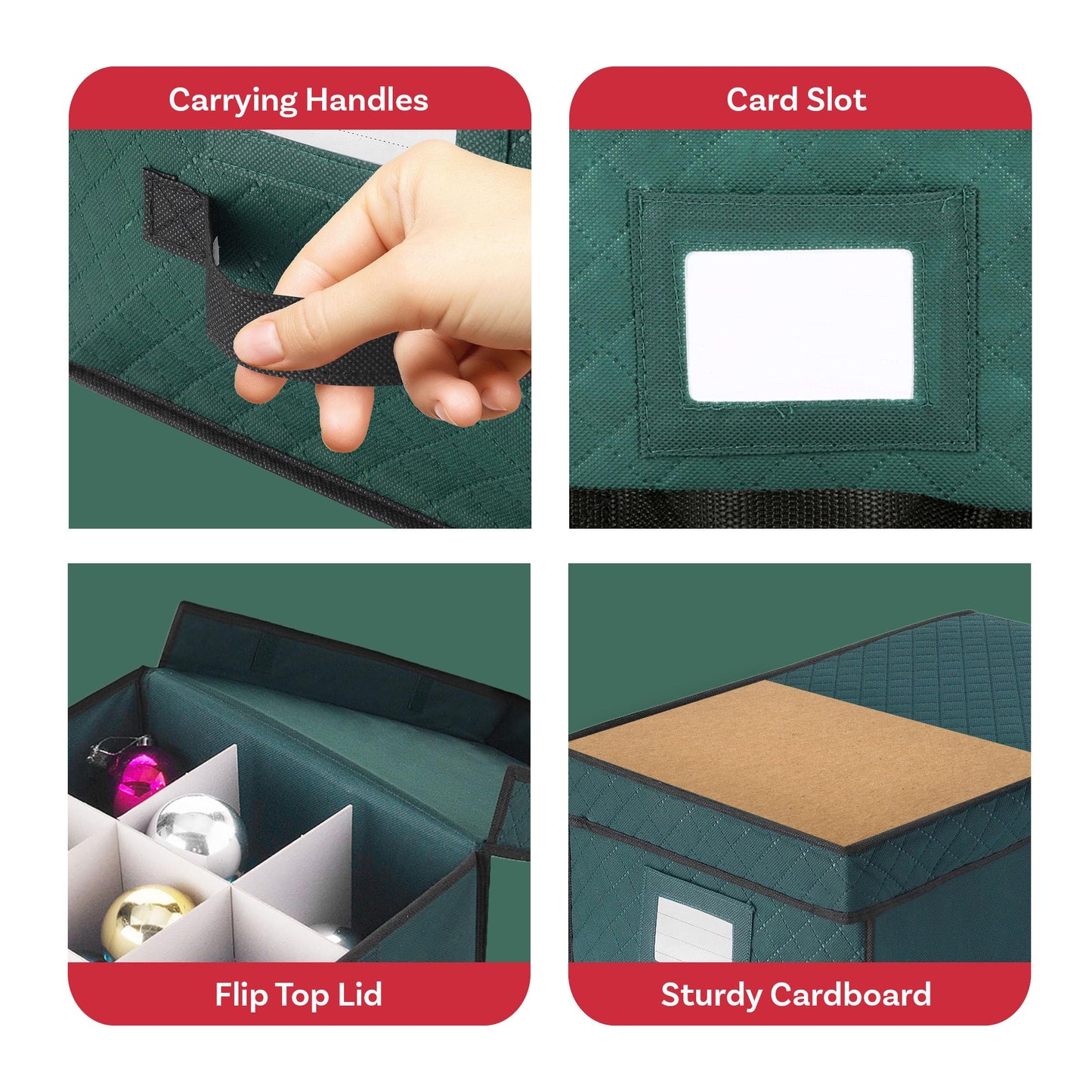 Ornament Storage Box - Flip Top Organizer Cube With 24 Individual Compartments and Dividers - For Christmas Bulbs and Decorations by Elf Stor (Green)