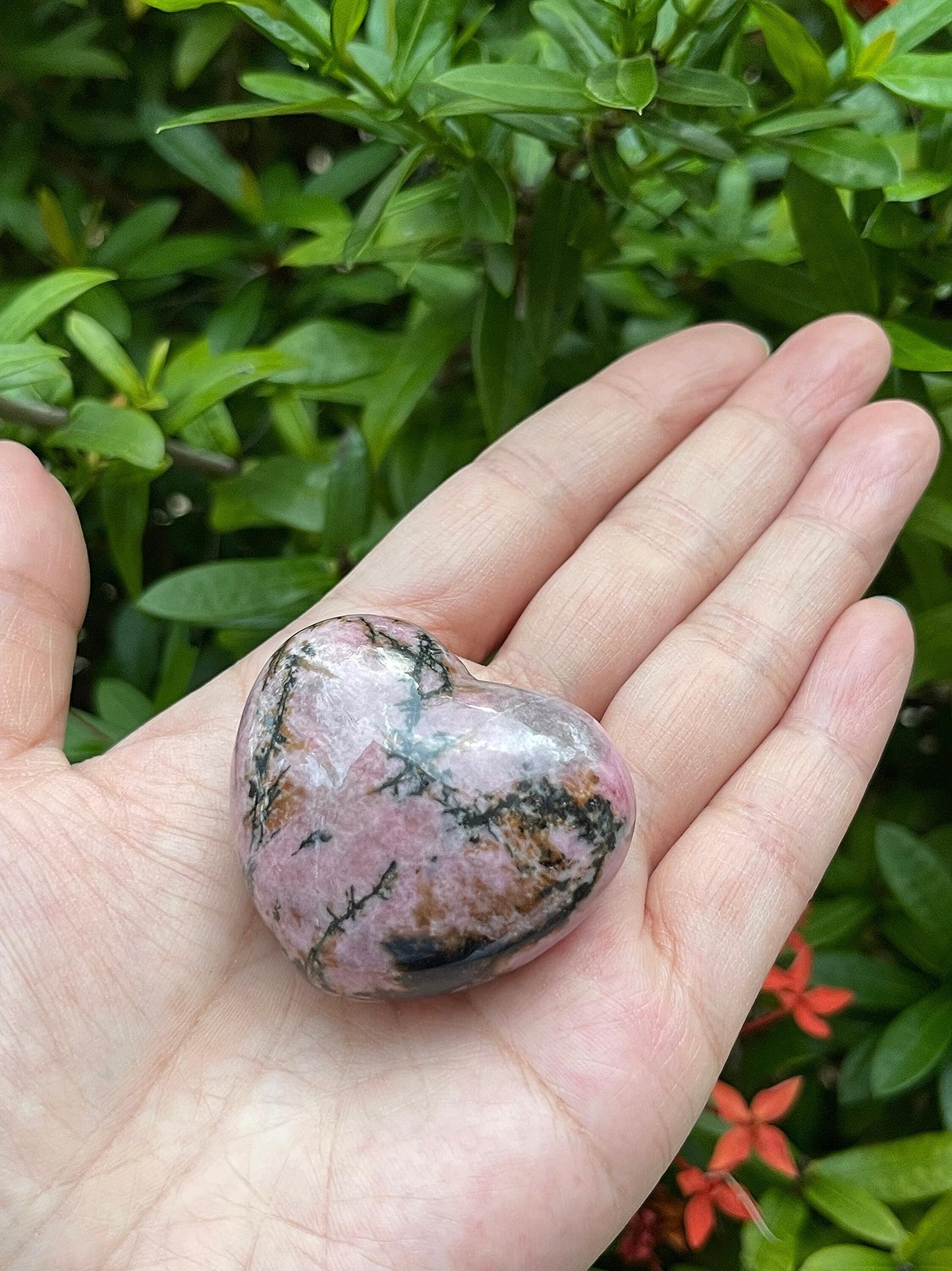 GAF TREASURES Rhodonite Gemstone Hearts, Polished Rhodonite Puffy Hearts, Rhodonite Crystal Palm Stone, Rhodonite Healing Crystal Hearts (1 Heart)