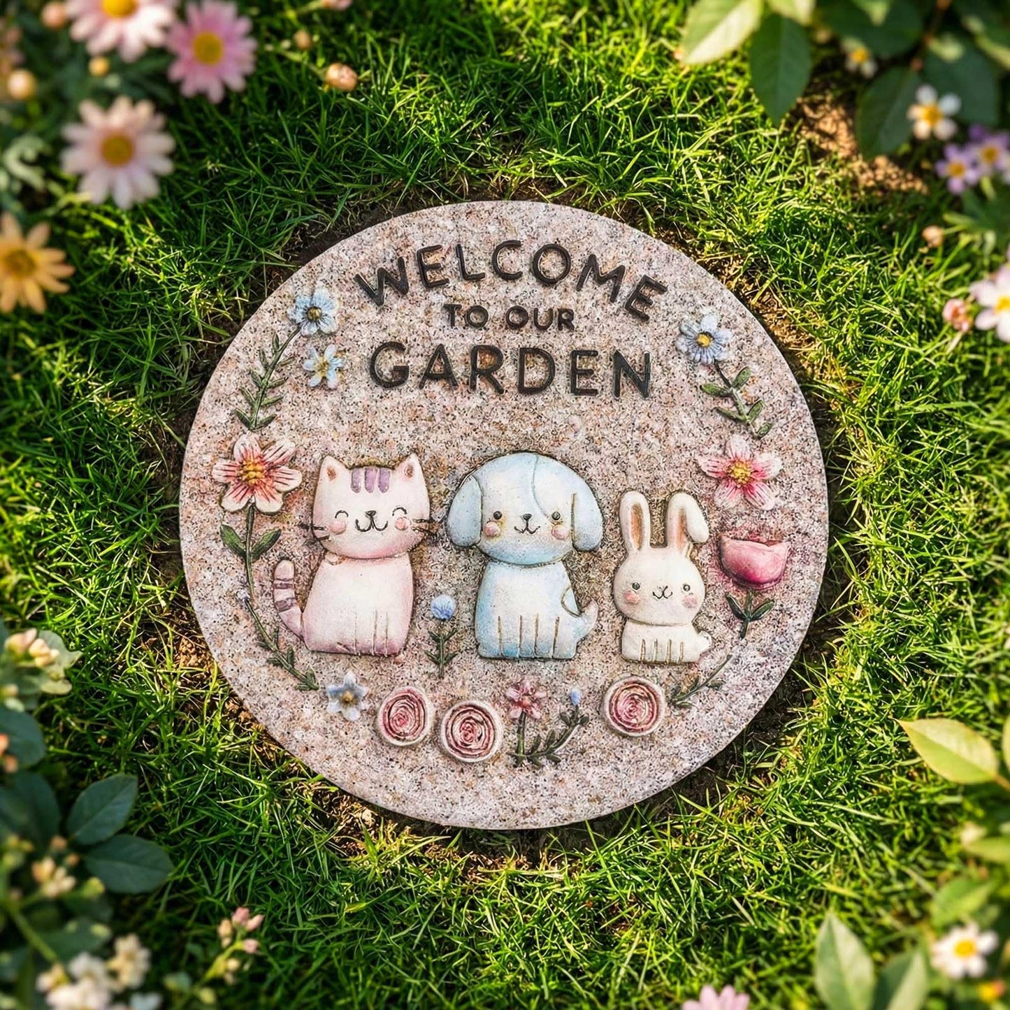 Bechivie Garden Stepping Stones Outdoor, 9.8" Resin Pet Cat Dog Bunny Stepping Stone for Walkway Gardening Gifts, Spring Decorative Round Welcome to Our Garden Home Decor for Outside Yard Patio Lawn