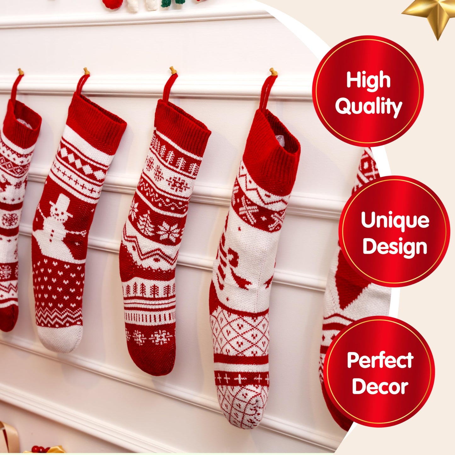 JOYIN 6 Pack 18" Christmas Knit Stockings, Large Rustic Yarn Xmas Stockings Bulk, Cable Knit Xmas Stockings with Snowflake Snowman Reindeer Character for Christmas Tree Fireplace Holiday Decorations