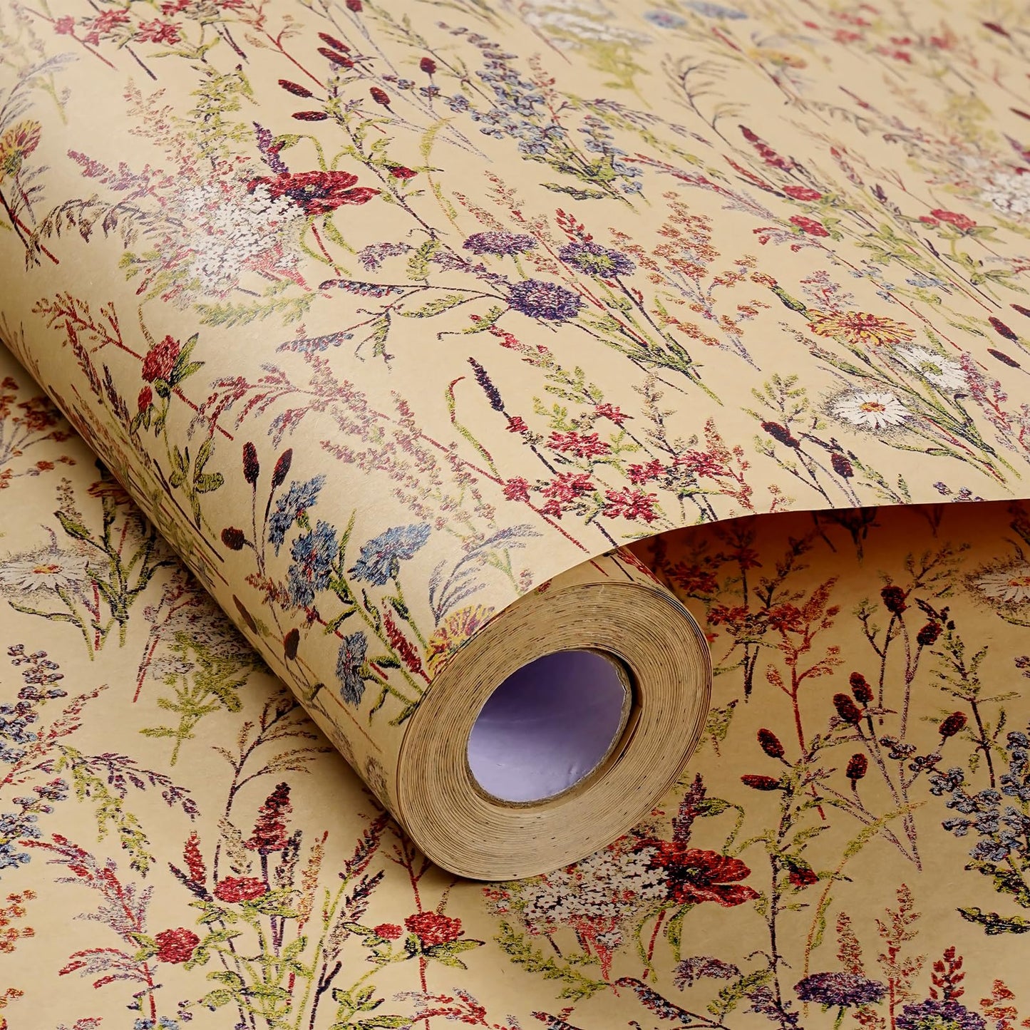Tyzarglef Wild Flower Wrapping Paper Roll, 17 Inches x 32.8 Feet Kraft Floral Design Wrapping Paper for Women Girls Gifts, Birthdays, Weddings, Bridal Shower and Engagement