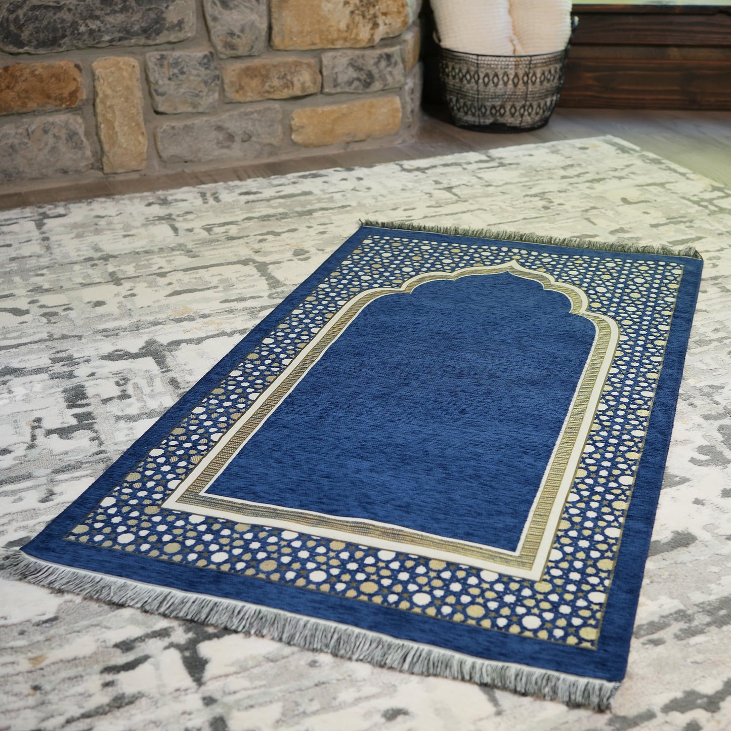 Modefa Turkish Islamic Prayer Mat - Thin Woven Chenille Sajjadah - Intricate Praying Rug Ramadan Eid Gift - Traditional Muslim Janamaz Sajada for Men Women - Geometric Selcuk Star (Royal Blue)
