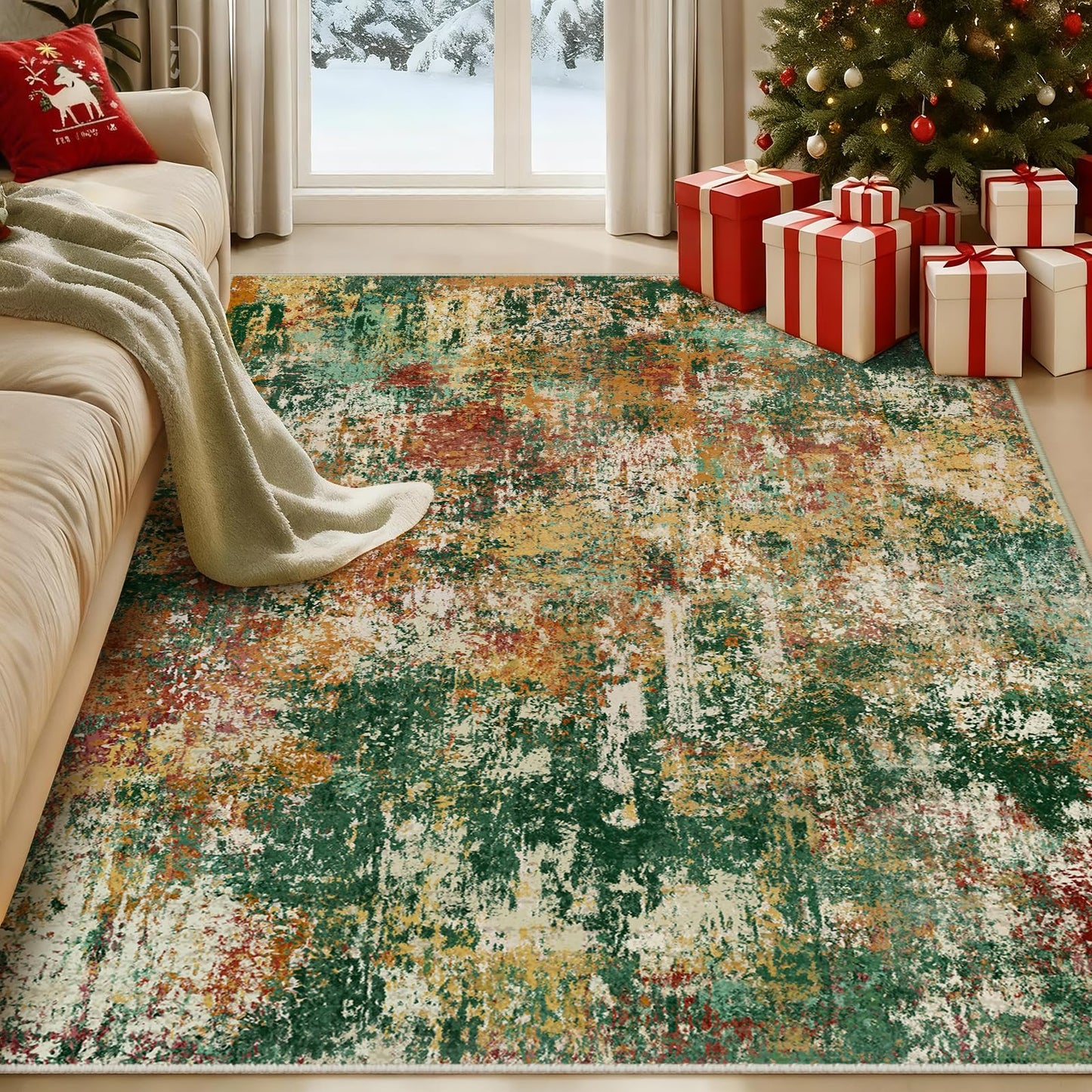 RELEANY Washable Area Rugs 5'x7' Non-Slip Modern Abstract Soft for Living Room Entryway Bedroom Nursery, Print Pattern, Green Orange Rust Red Cream Colorful