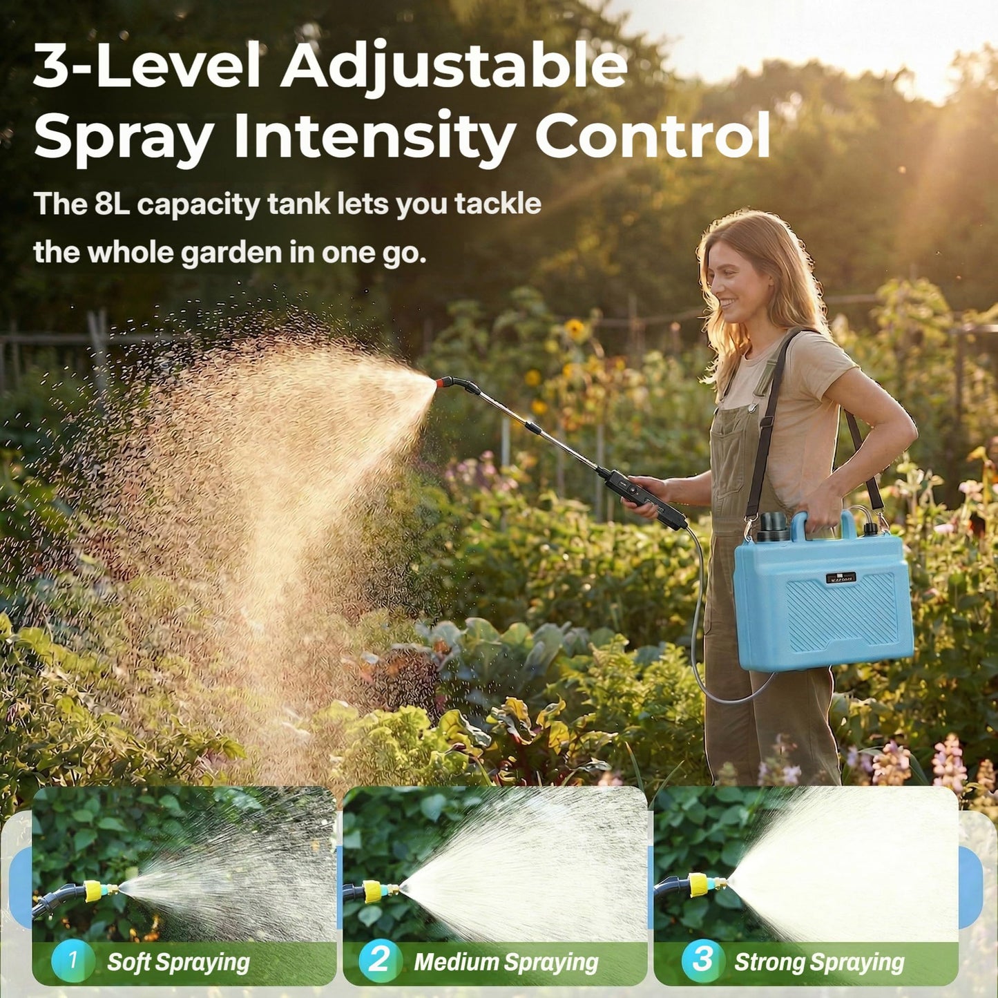 2 Gallon Battery Powered Garden Sprayer,Upgrade Electric Sprayer with 4 Types of Nozzles,3-Level Adjustable Speeds,Retractable Wand and Adjustable Shoulder Strap for Lawn, Garden and Yard.
