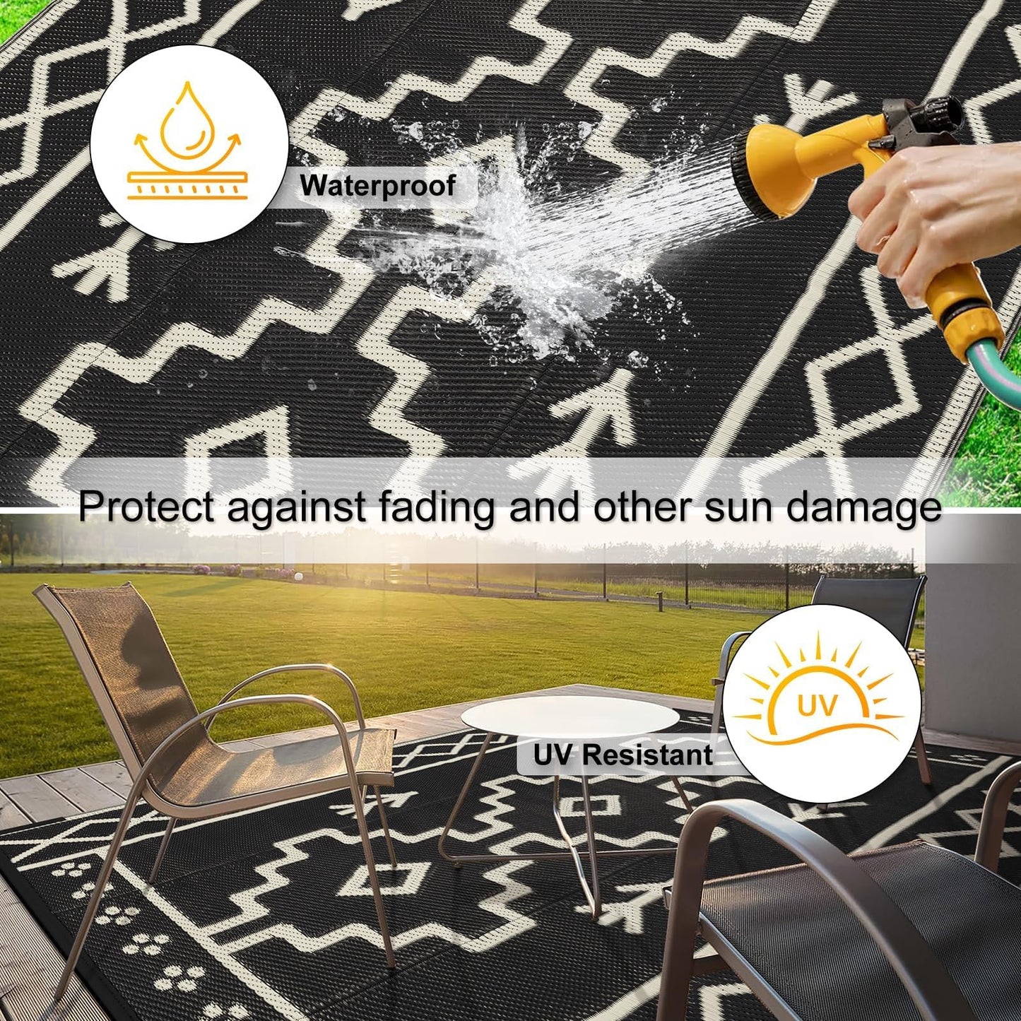 Uphome Outdoor Plastic Straw Rug, 6x9 ft, Reversible Waterproof, Black Boho Patio Rug, RV Camping Rug for Outside, Indoor Outdoor Area Rug for Backyard Deck Balcony Picnic