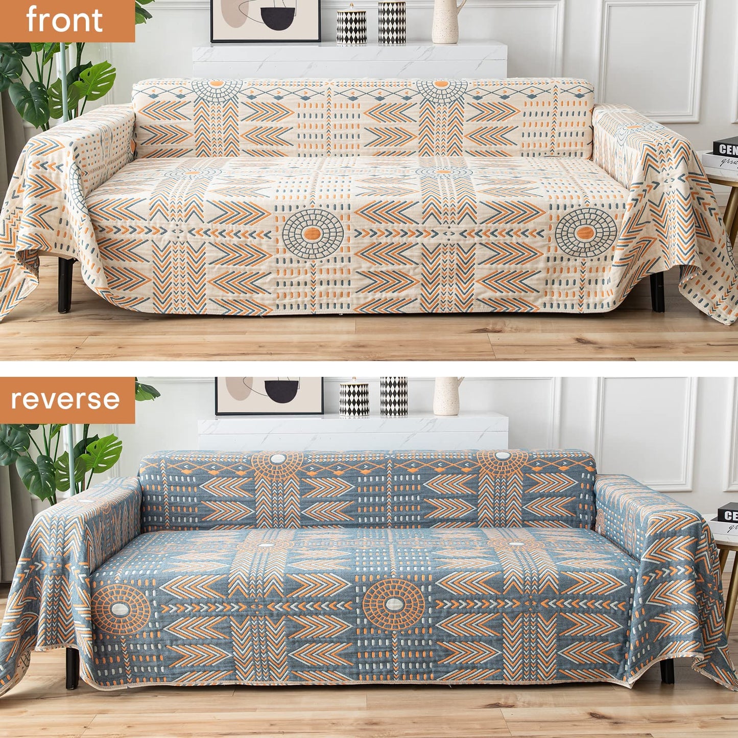 Osunnus Cotton Couch Cover Washable Boho Reversible Throw Sofa Cover Geometric Jacquard Multi-Use Furniture Protector for 2-3 Cushion Sectional L Shaped Sofa Bed Boho Home Decor, 79" x 118"
