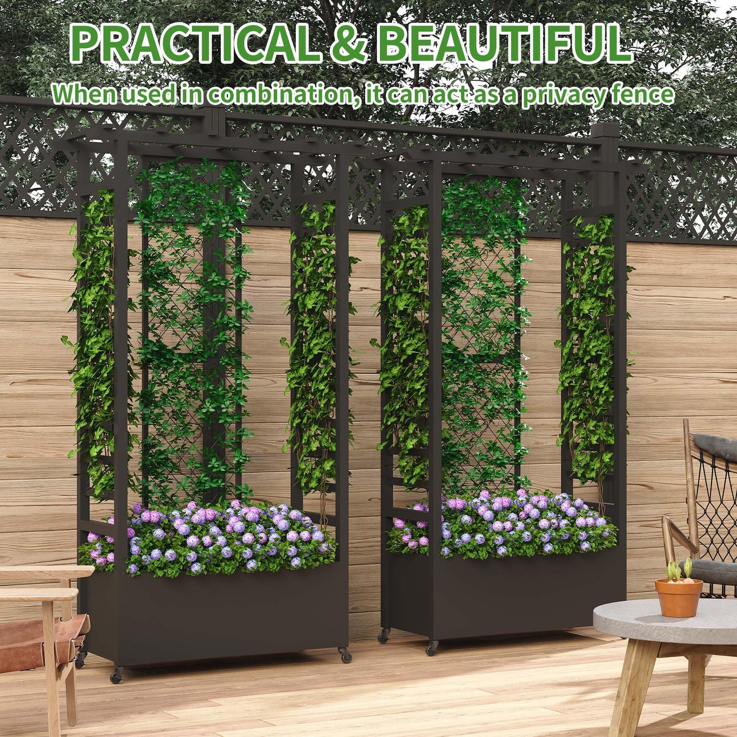 Sunnibety Raised Garden Bed with Trellis & Hanging Roof, Weatherproof Metal Planter Box with Wheels, Garden Arch Trellis for Outdoor Climbing Plants Vines Flowers, 74" H x 44" L x 17" W, Black