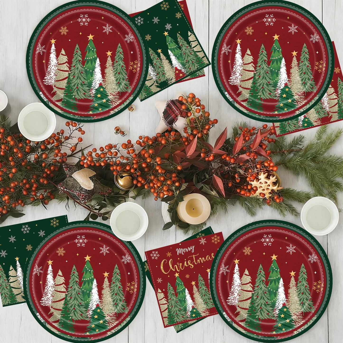 102 Pcs Christmas Tree Paper Plates and Napkins Party Decorations Merry Christmas Banner Disposable Tablecloth Dinnerware Set Red and Green Xmas Tree Party Supplies Winter Snowflake Holiday Ornament