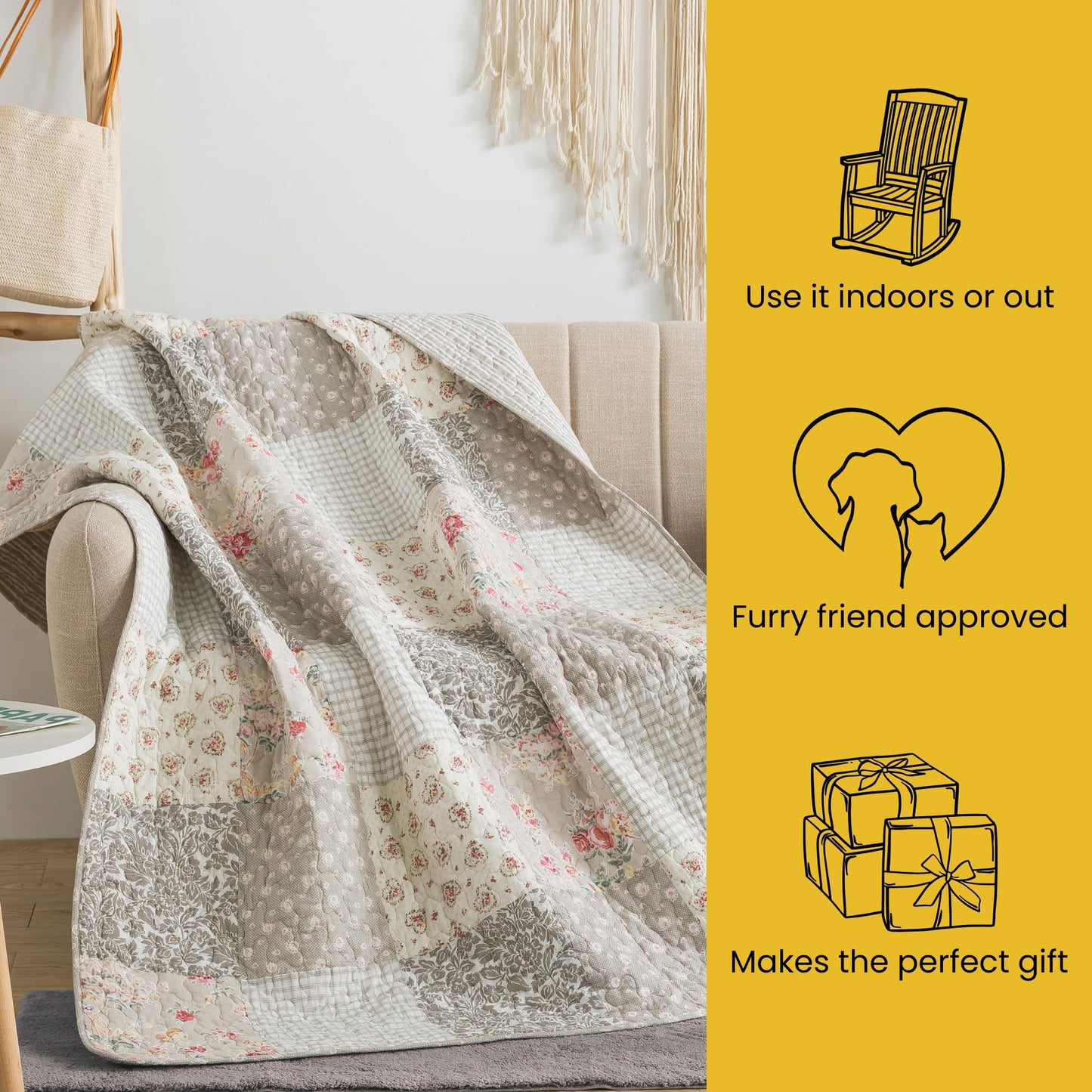 SLPR Cotton Quilted Throw Blanket, 50" x 60" Floral Farmhouse Patchwork Quilt, Shabby Chic Patchwork Throw Lap Quilt for Couch, Walk in The Cotswolds
