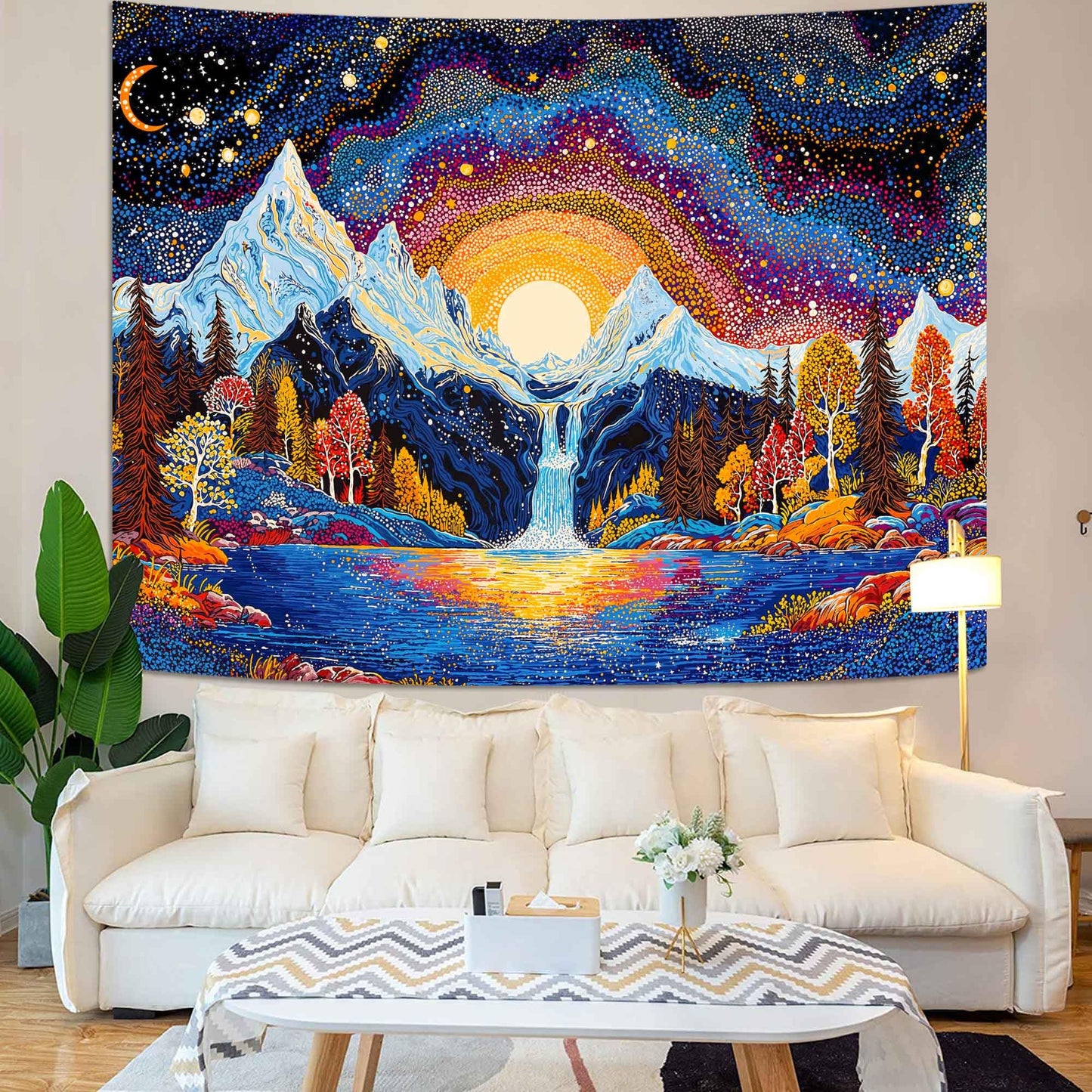 Lunerfex Starry Mountain Waterfall Sunrise Wall Tapestry, Trippy Cosmic Landscape Tapestries for Room Decor, Vibrant Tapestry 60x44 Inch