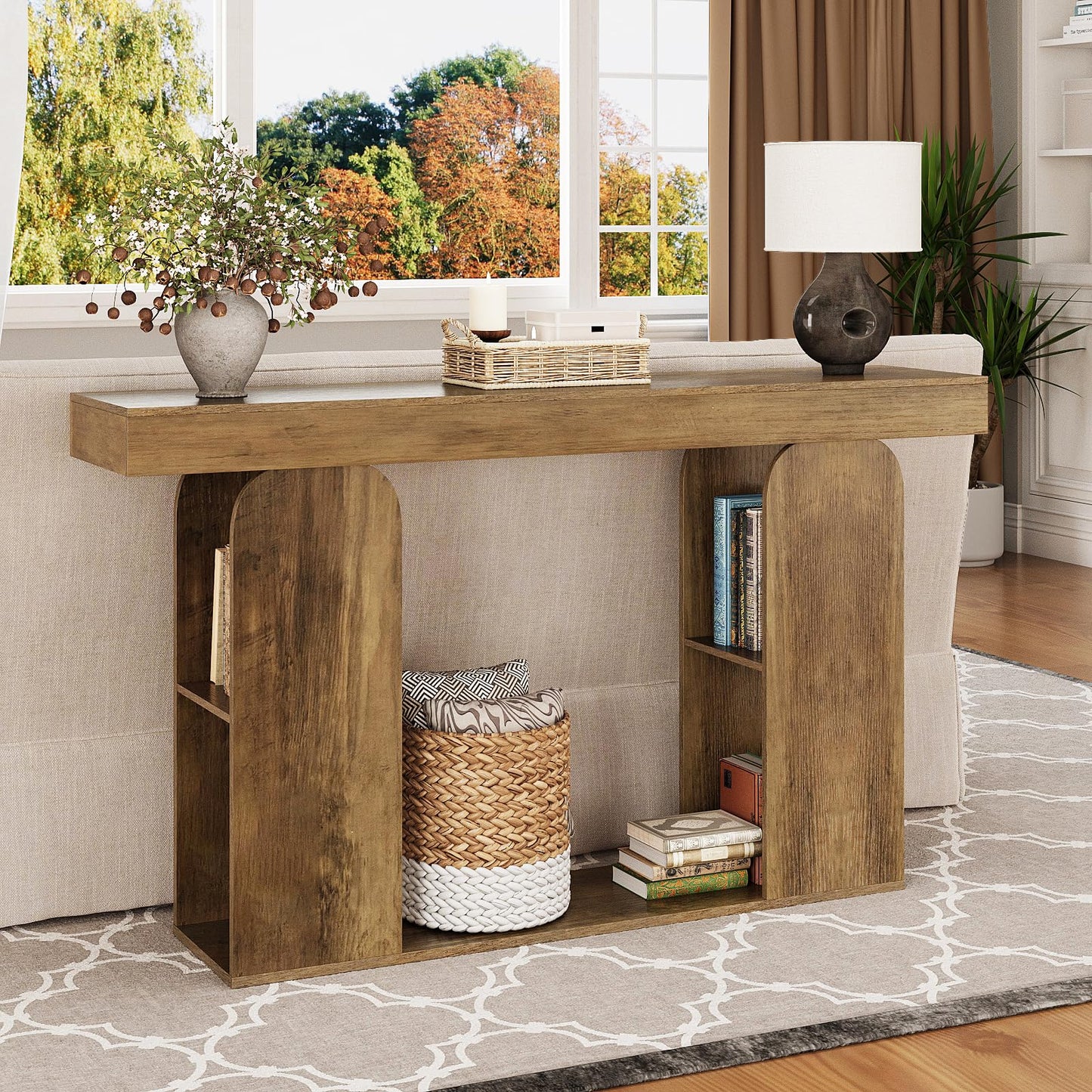 Tohomeor 54 Inch Long Console Table, Farmhouse Entryway Table Wood Narrow Sofa Table Behind Couch, Hallway Accent Table Furniture for Living Room, Foyer, Retro Brown