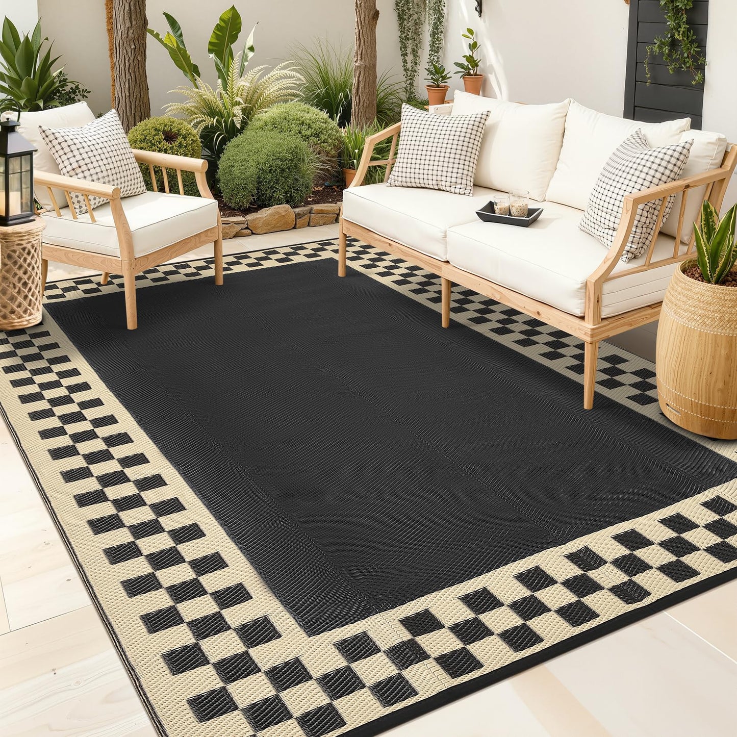 Checkered Outdoor Rug 8x10 Waterproof Modern Bordered Patio Rugs Plastic Straw Rug Large Indoor Outdoor Throw Carpets Reversible Mat for Picnic, Backyard, Rv, Beach, Deck, Camper, Balcony, Black