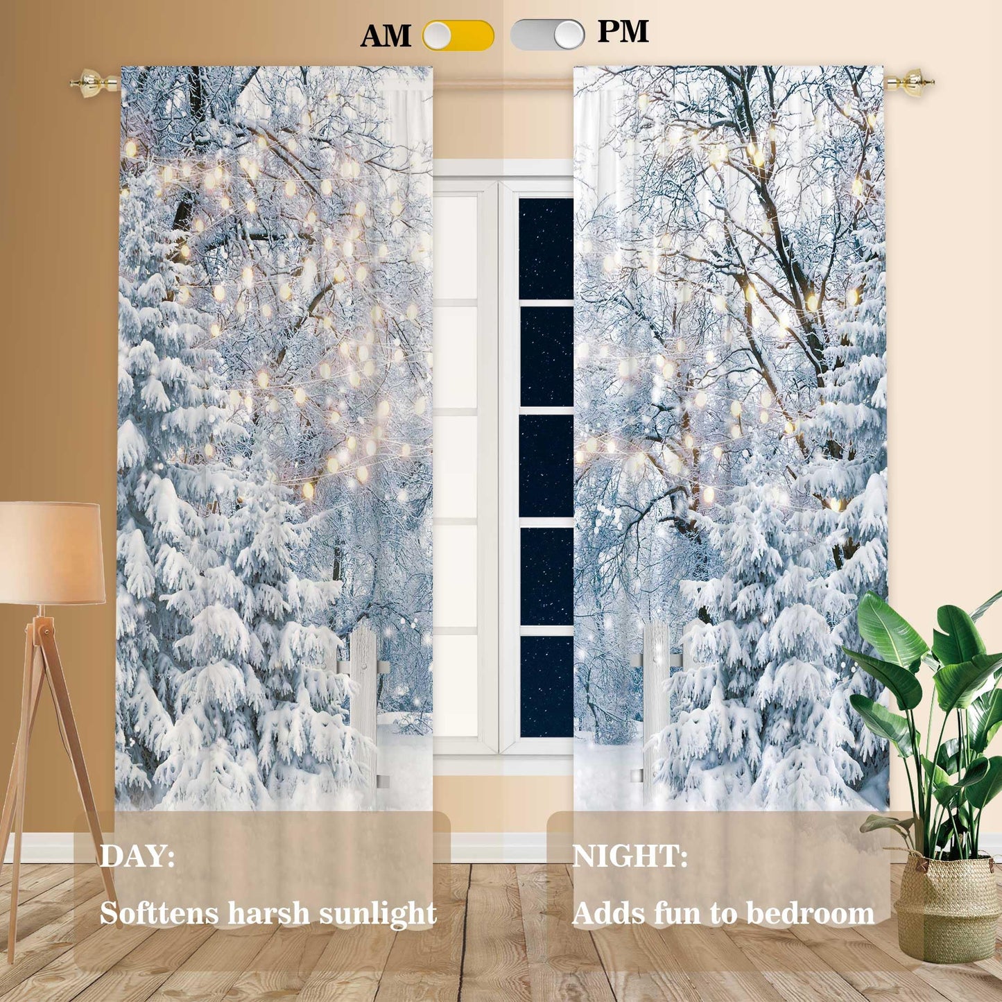 Felortte 82" Wx 84" L Winter Scene Window Curtain Blue Wonderland Snowflake Forest Landscape for Christmas Home Bedroom Living Room Decor Decorations with Fabric Machine Washable