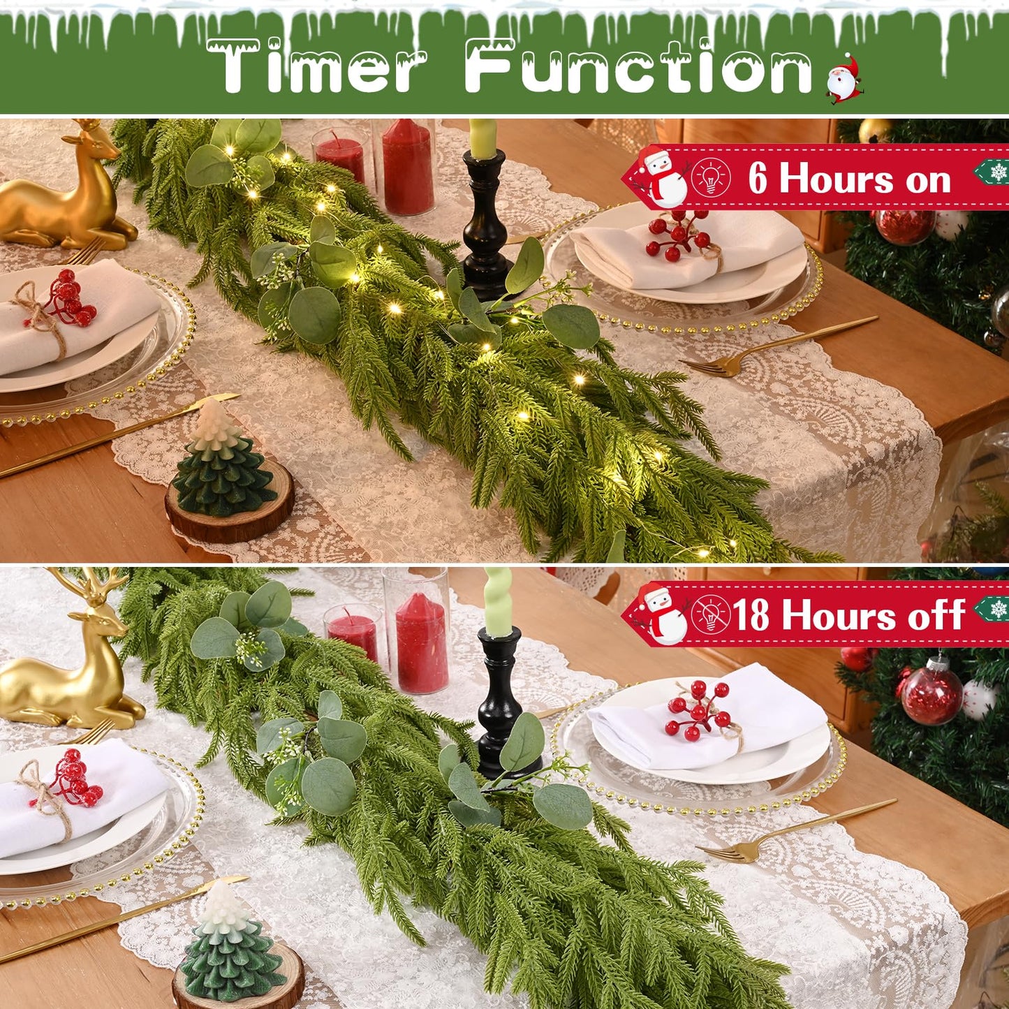 Waipfaru Christmas Norfolk Pine Garland with Lights, 6FT Real Touch Pine Christmas Decoration, Artificial Faux Cedar for Home Decoration