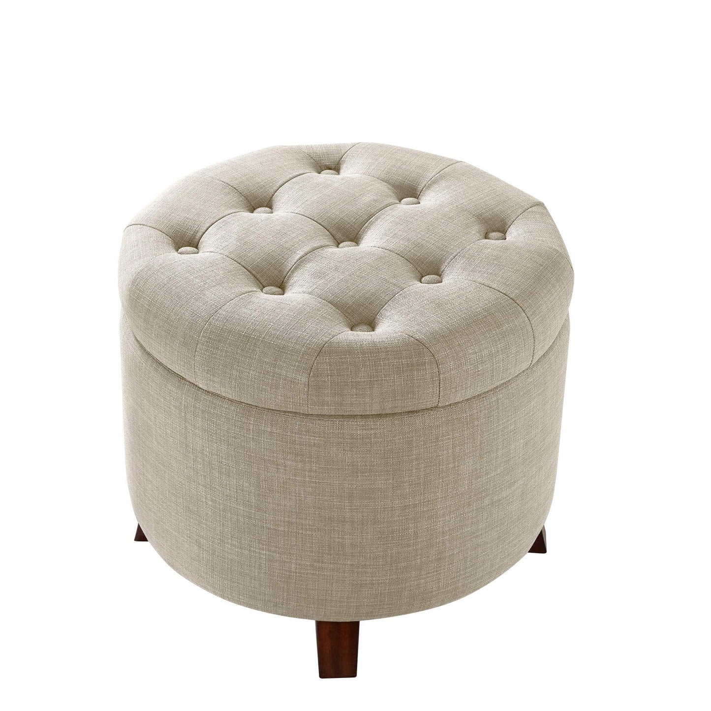 Amazon Basics Round Storage Ottoman Foot Rest, Button Tufted Upholstered Footstool with Storage, Sturdy Linen Fabric for Living Room and Bedroom, 20" x 17", Beige