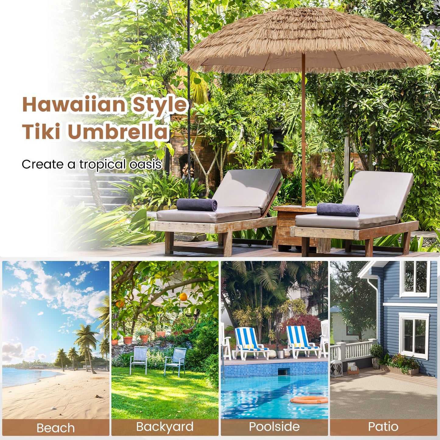 Tangkula 8Ft Tiki Patio Umbrella, UPF50+ Hawaiian Style Outdoor PE Grass Umbrella with 8 Ribs, Portable Thatched Beach Umbrella for Garden, Yard, Poolside