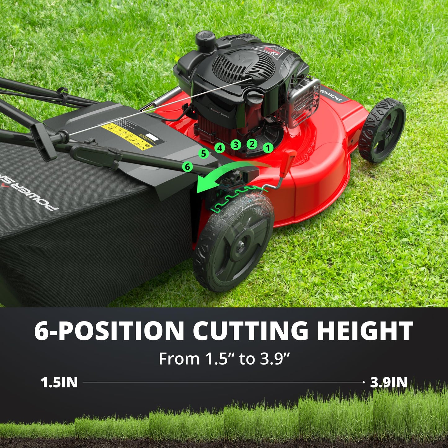 PowerSmart 22-Inch Gas Lawn Mower, 150cc B&S Engine, Self-Propelled, 3-in-1 Mulching System, 6 Cutting Heights, Rear-Wheel Drive, Durable Steel Deck