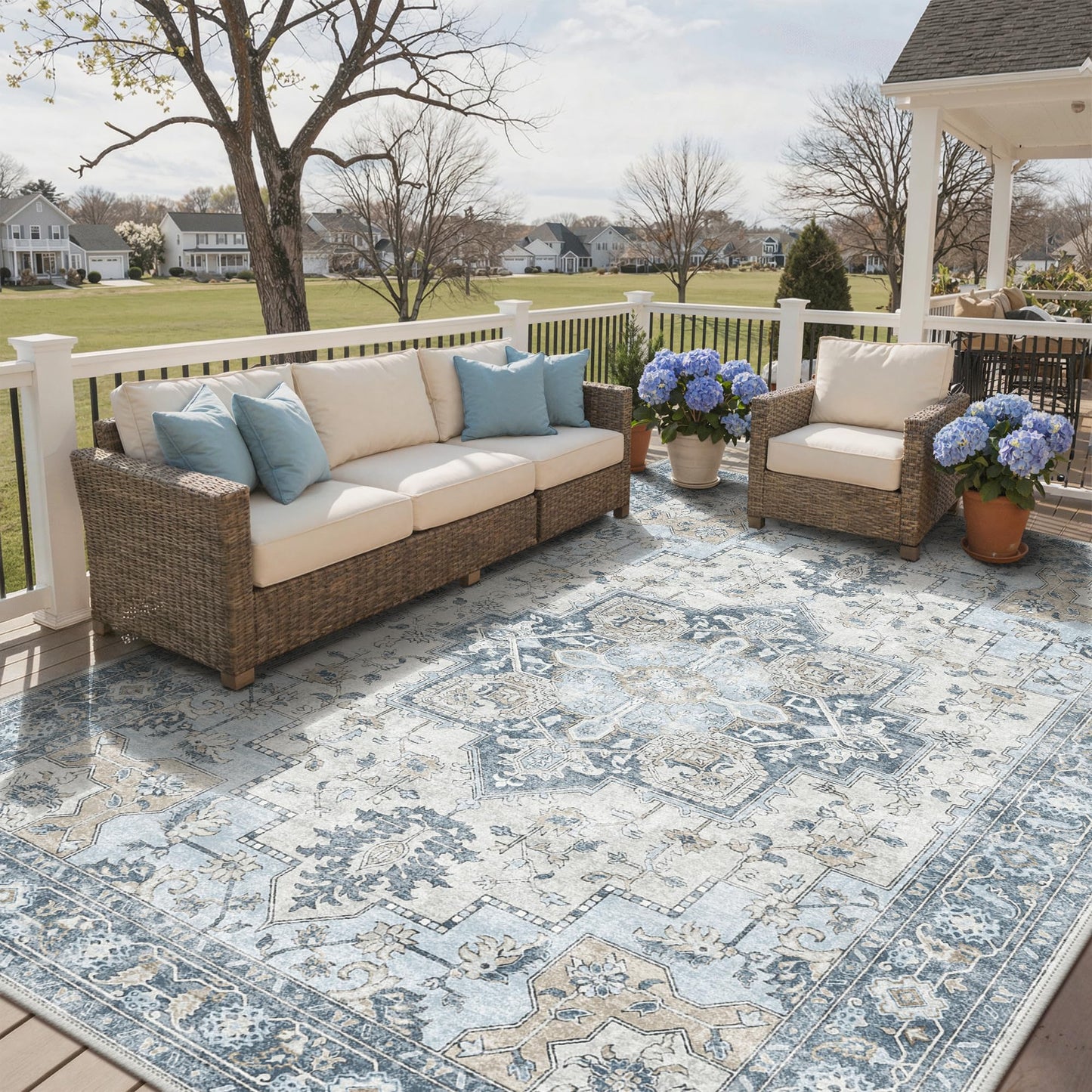 GENIMO Outdoor & Indoor Area Rug 10'x14', Waterproof, Non-Shedding, Easy Cleaning, Boho Mat for Patio, Living Room, Balcony, Dining Room, RV, Deck, Bedroom, Camping, Outside Carpet,Blue