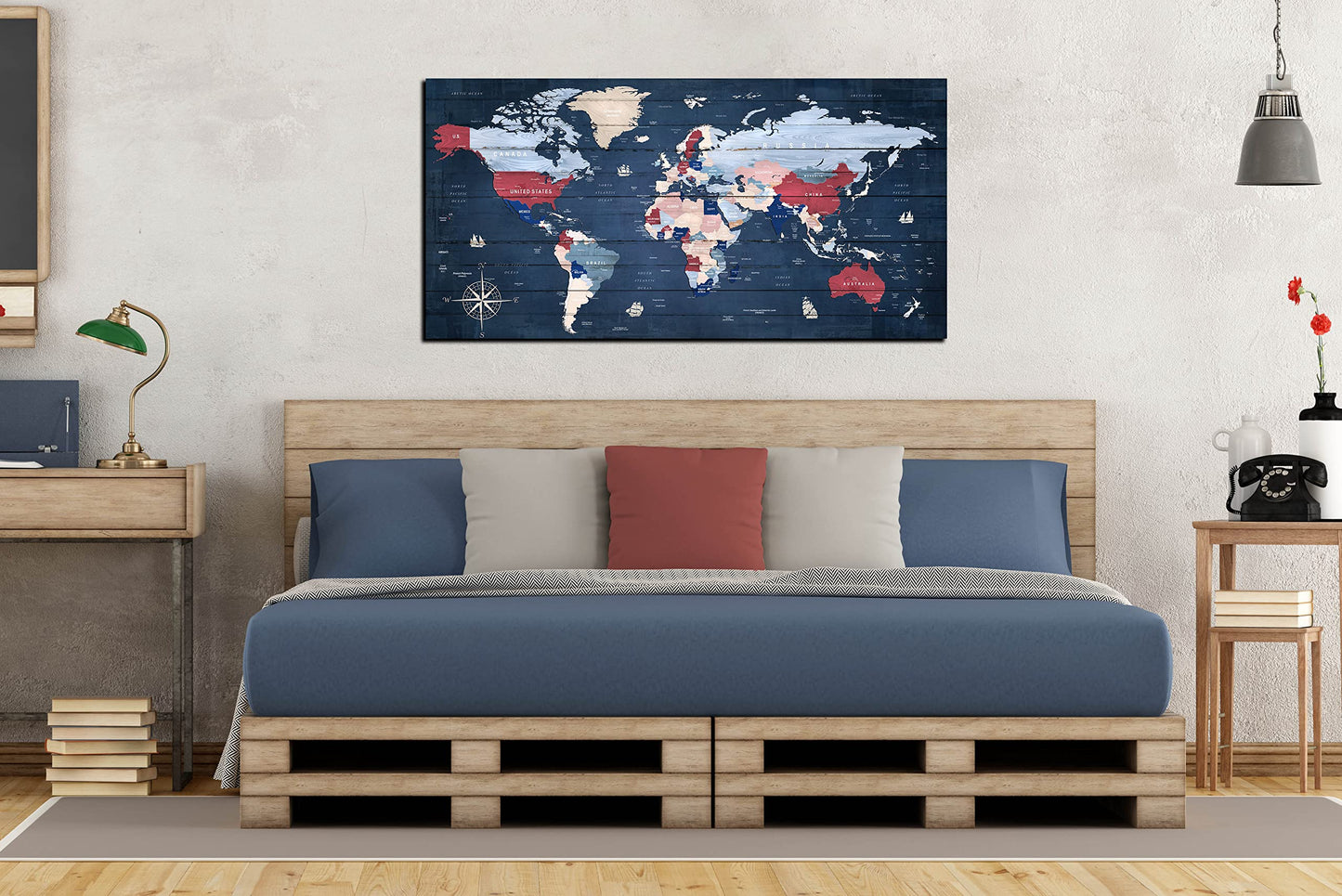 ZHAOSHOP Blue World Map Wall-Art For Office - Large World Maps For Wall - Canvas Wall Art Stretched and Framed Ready to Hang Size 40" x 20"