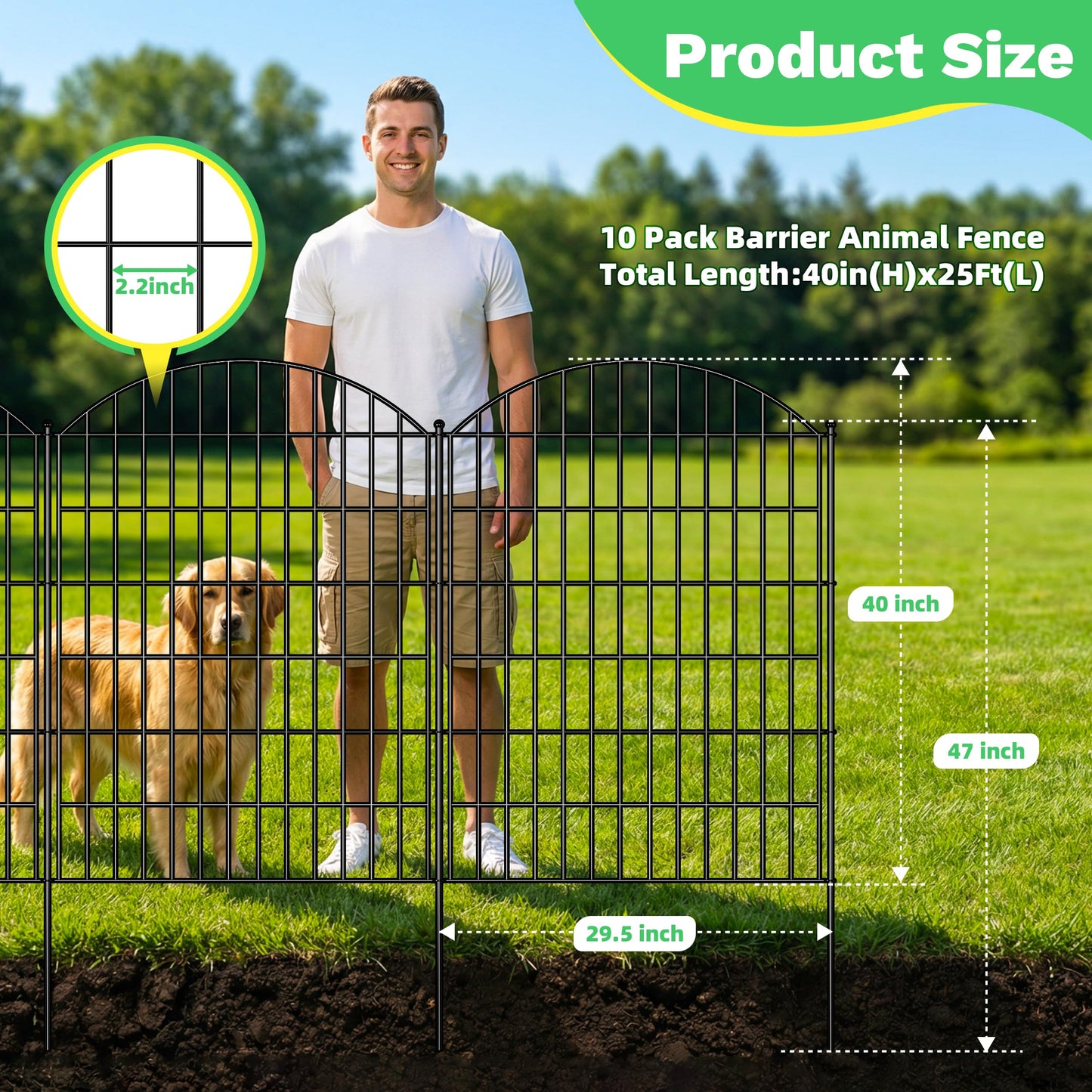 Toolterritary 10 Panels Arched No Dig Decorative Garden Fence with Gate, 40in(H) x 25.0ft(L) Dog Fence Outdoor for Yard, Rustproof Metal Garden Fence Animal Barrier for Dogs, Rabbits & Patio