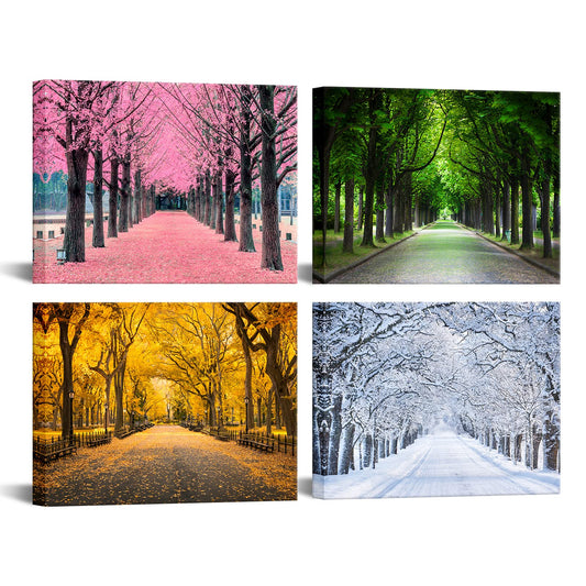 iLOOKLiKE 4 Panels Colorful Trees Canvas Wall Art Four Season Picture Prints Spring Summer Fall Winter Nature Scenery Mural Painting for Living Room Bedroom Ready to Hang 12x16inchx4pcs