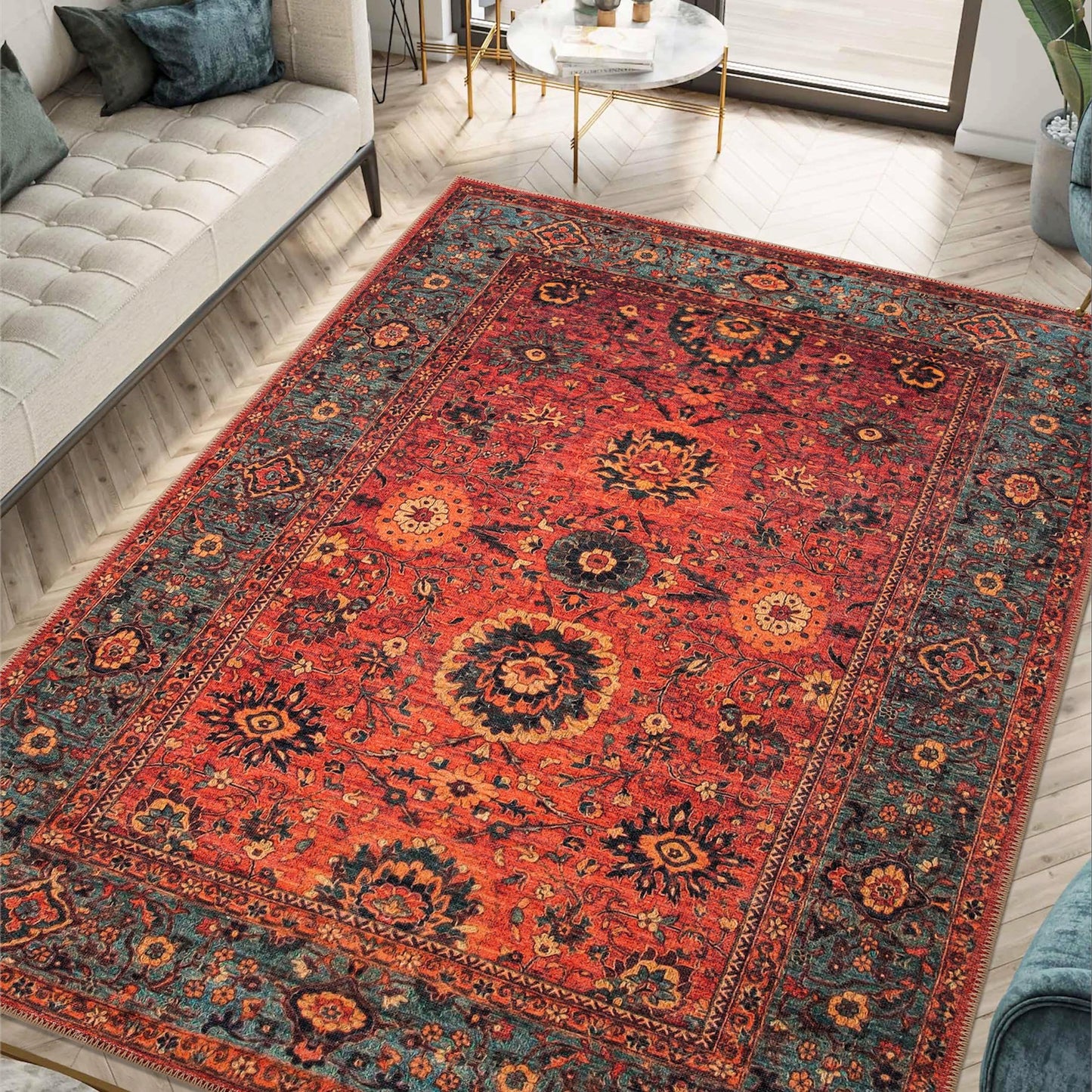 Keen Home Design 48"x72" Rug - Machine Washable Area Rug with Non-Slip Backing, Ideal for Living Room, Dining Room, Bedroom - Vintage, Easy Clean, Durable, Low Pile Rug - (4' x 6')