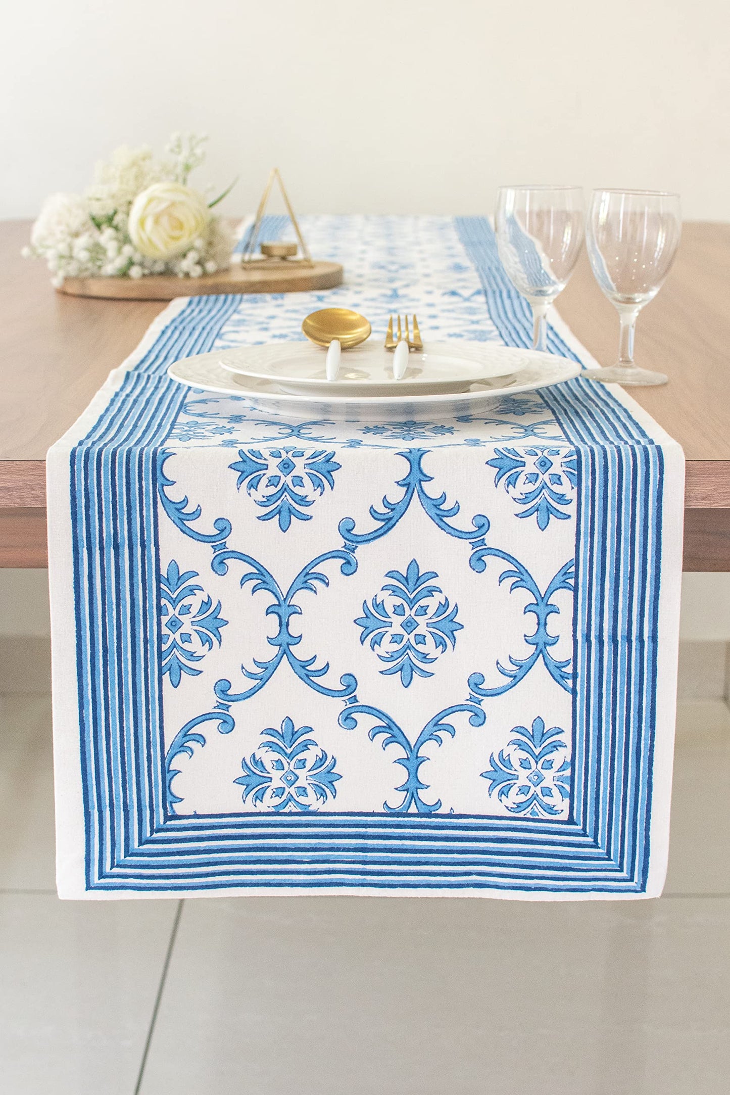 Lotus & Ivory Dark Blue Kitchen Table Runners (100% Cotton, Damask Hand Block Print, 14x90 inch, Pack of 1) Fabric Lined | No Fray Edges | for Home, Kitchen, Dining Room, Holiday, Wedding Party Décor