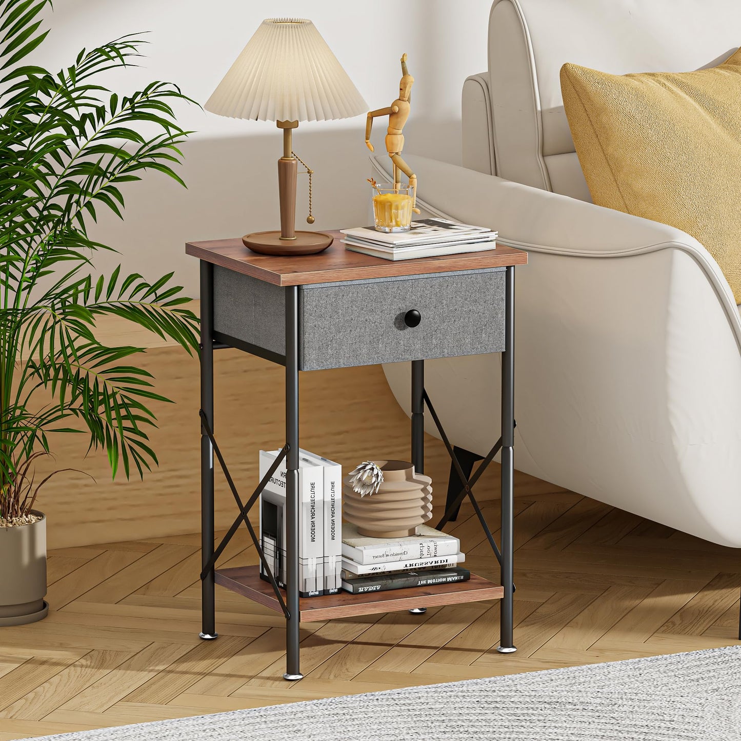 VECELO End Tables, Modern Nightstand with Fabric Drawer & Open Shelf, Night Stand for Bedroom Living Room, Industrial Metal Frame, Easy Assembly, Rustic Brown,1 Pack