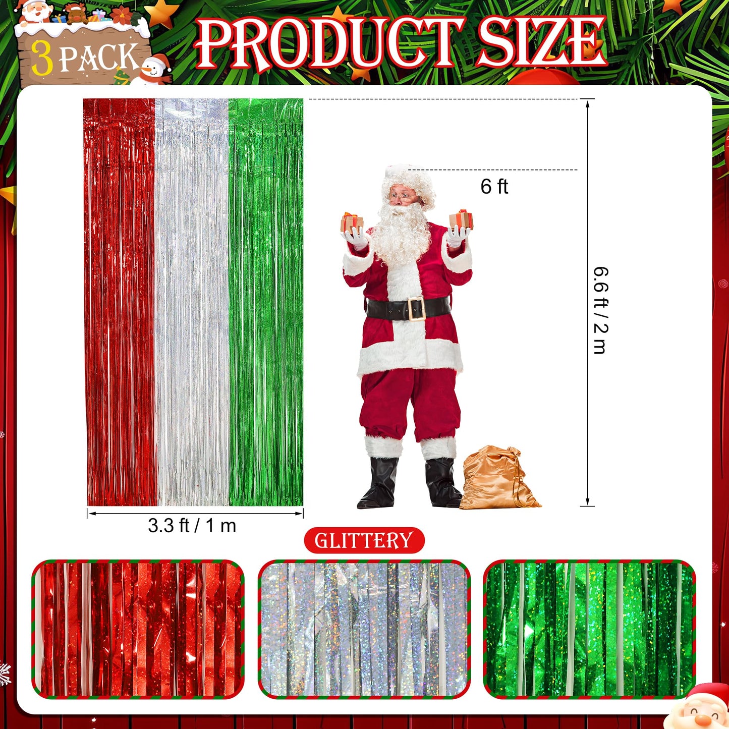 3 Pack Christmas Party Decorations Foil Fringe Curtains,3.3 X 6.6ft Red Silver Green Christmas Tinsel Metallic Backdrop Streamers Photobooth Props for Xmas Holidays Birthday Party Wall Decoration