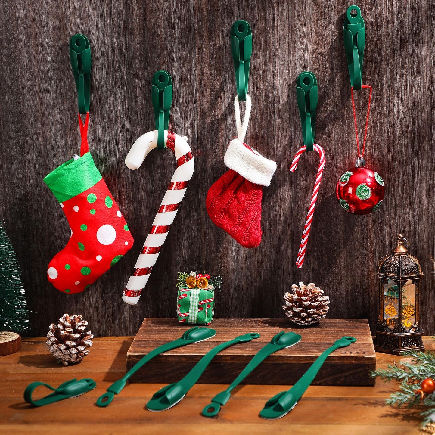 Relaxweex 12 Pcs Garland Hanger for Mantle No Drill Garland Hangers Hooks Wreath Ties Fireplace Stocking Holder Stretchable Silicone Adhesive Straps for Door Frame Stairways (Green)