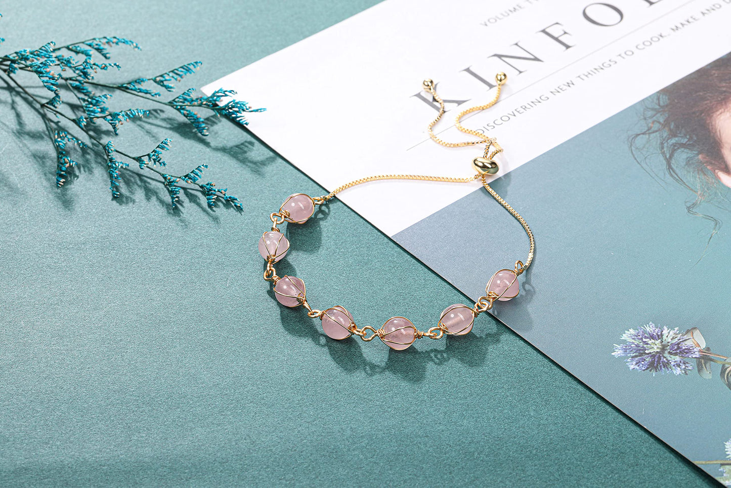 PESOENTH Rose Quartz Crystal Healing Bracelet for Women Natural Crystal Gemstone Beads Anxiety Stone Spiritual 14K Gold Bracelet Pink Jewelry gifts for Women