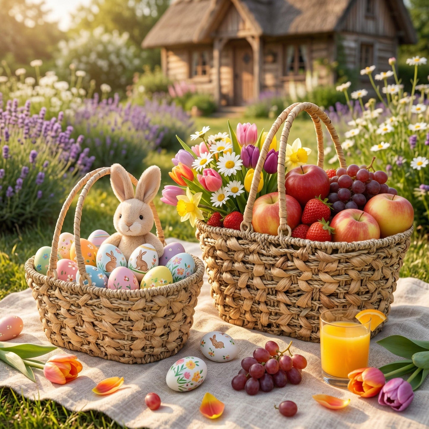 SOUJOY 2 Pack Wicker Picnic Basket with Handle, Natural Hand Woven Rattan Easter Baskets, 13" and 11" Nesting Gift Baskets for Outdoor, Camping, Garden, Wedding, Home Organization