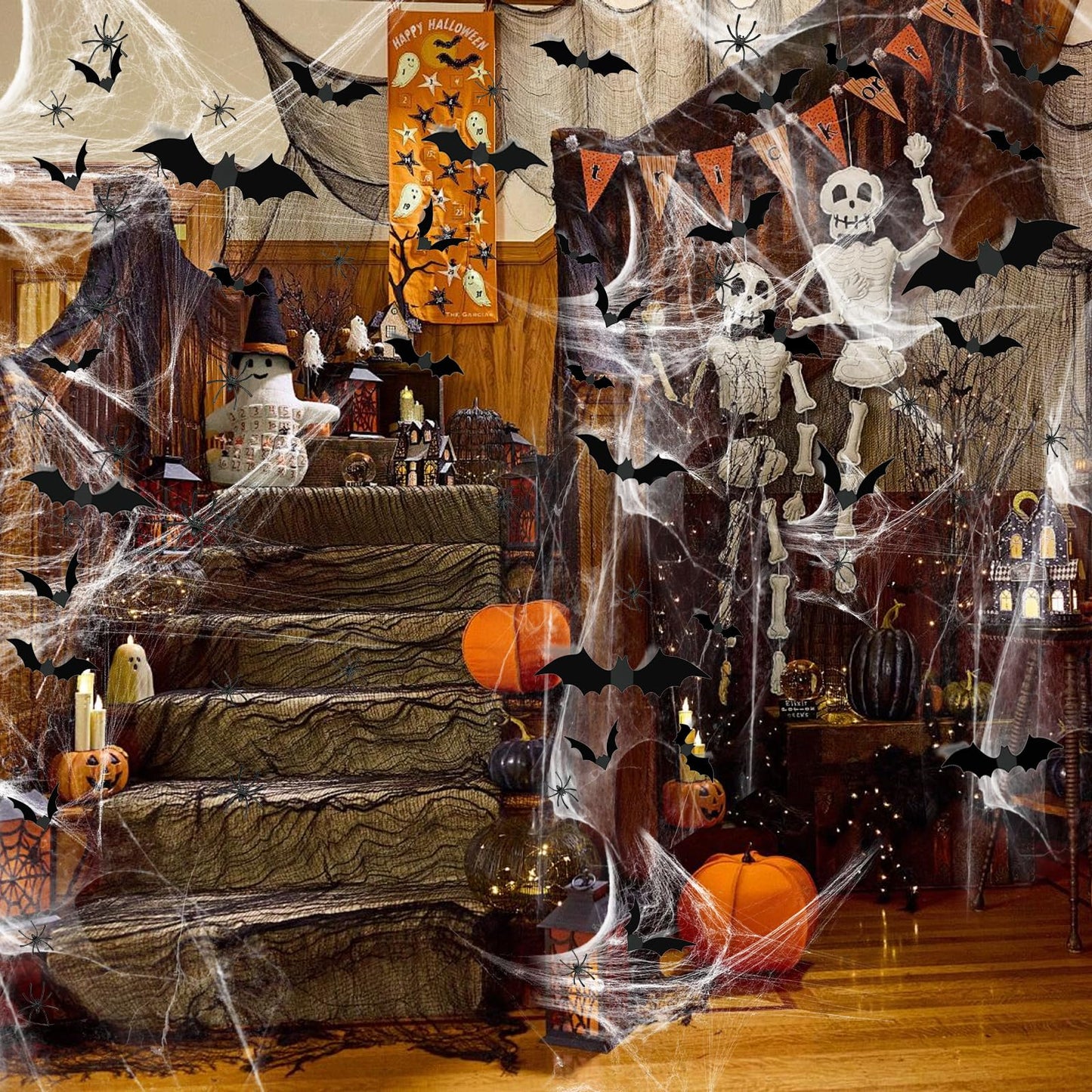 Famoby 1200 sqft Halloween Spider Webs and 120pcs Fake Bats and 50pcs Fake Spiders Super Stretch Cobwebs Party Decorate for Halloween Theme Indoor and Outdoor Decoration