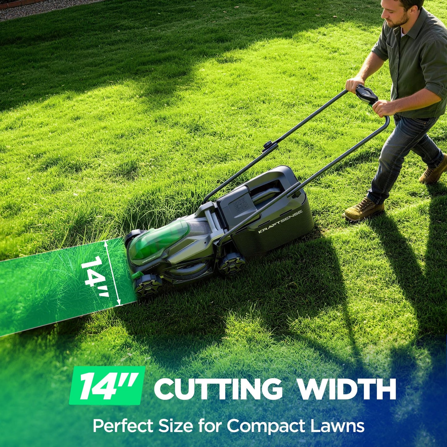 Kraftsense 14" Cordless Lawn Mower, 40V Lightweight Push Mower with 2×5.0Ah Battery, Ultra-Quiet Motor for Small Yards, Lawn Care, Backyard Maintenance