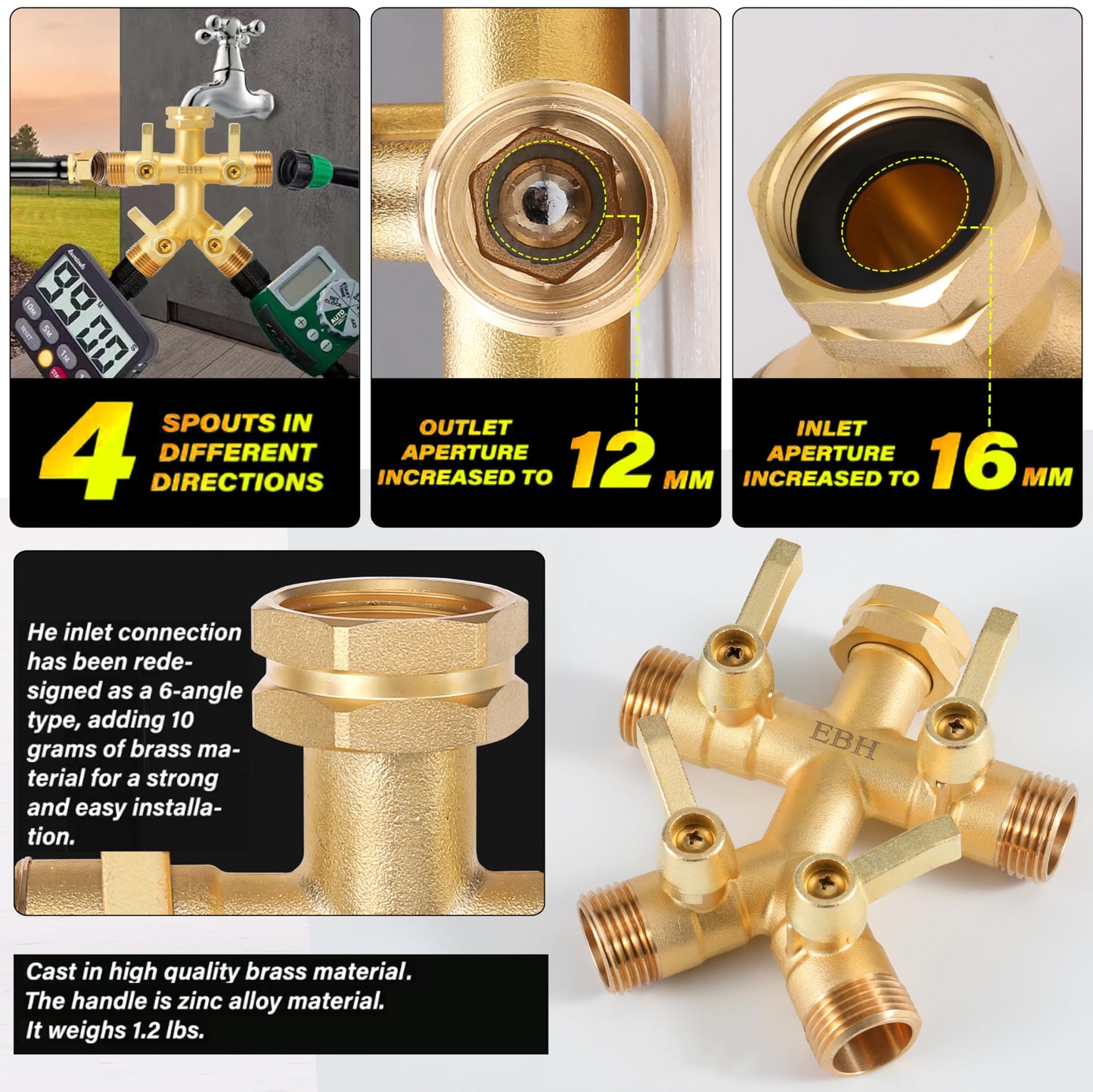 EBH Brass Garden Hose Splitter Full Flow, Outdoor Faucet Heavy Duty Hose Splitter 4 Way High Flow, 3/4-Inch Multi-Angle Spout with 4 Individual On/Off Valve and Extended Handle