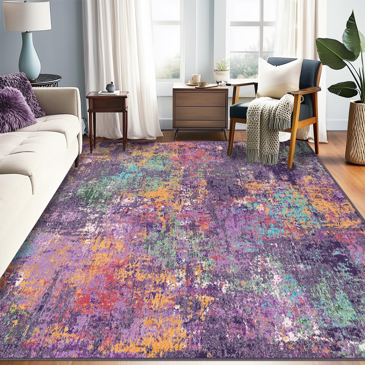 RELEANY Washable Area Rugs 5'x7' Non-Slip Modern Abstract Soft for Living Room Entryway Bedroom Nursery, Print Pattern, Purple Orange Blue Green Rust Red Colorful