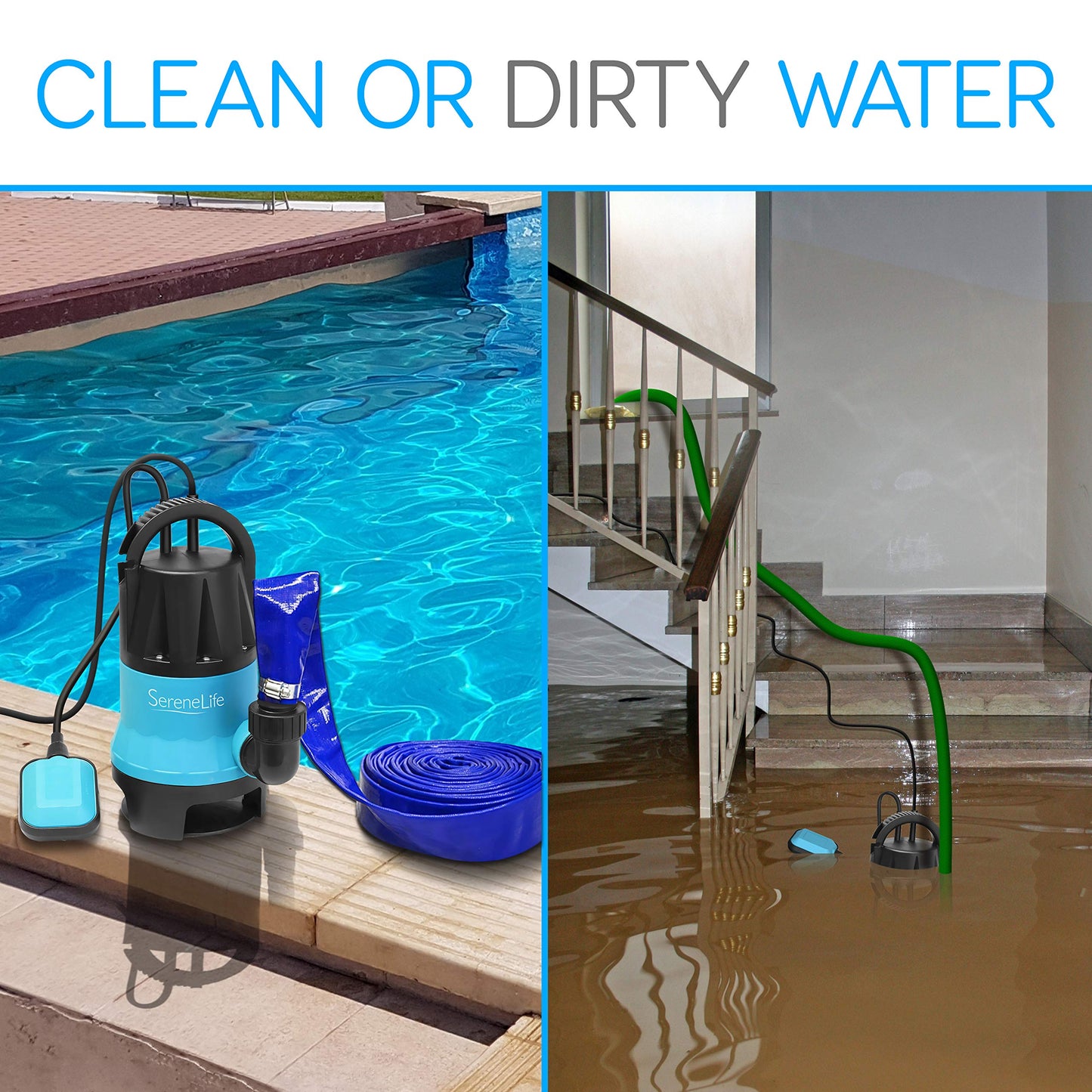 SereneLife 400W Submersible Pump Clean Dirty Water Powerful Utility Sump Pump Auto Float Switch,16 ft. Cord, Basement, Yard, Swimming Pool, Pond, Flooded Area, Garden or Flat Hose