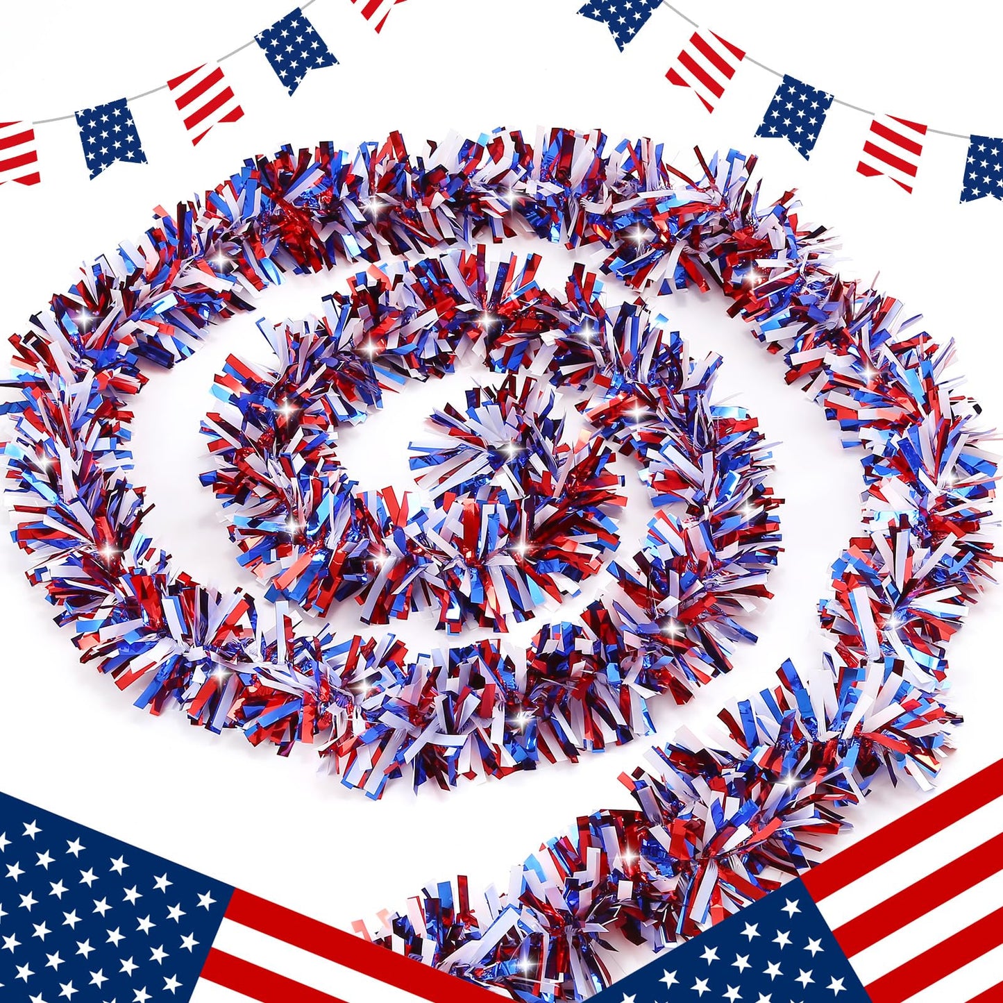 50 FT 4th of July Tinsel Garland Red White and Blue Garland Fourth of July Garland Patriotic Garland for Home Party Holiday Celebration Memorial Day Independence Day 4th of July Decorations