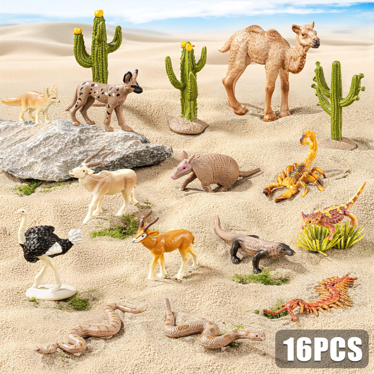 THINKBAY 16PCS Desert Animals Toys for Kids Includes Lizard, Cactus, Rattlesnake, Komodo Dragon Figurines, Desert Animals Figures for Diorama, Cake Toppers, Valentine's Day Gifts for Kids