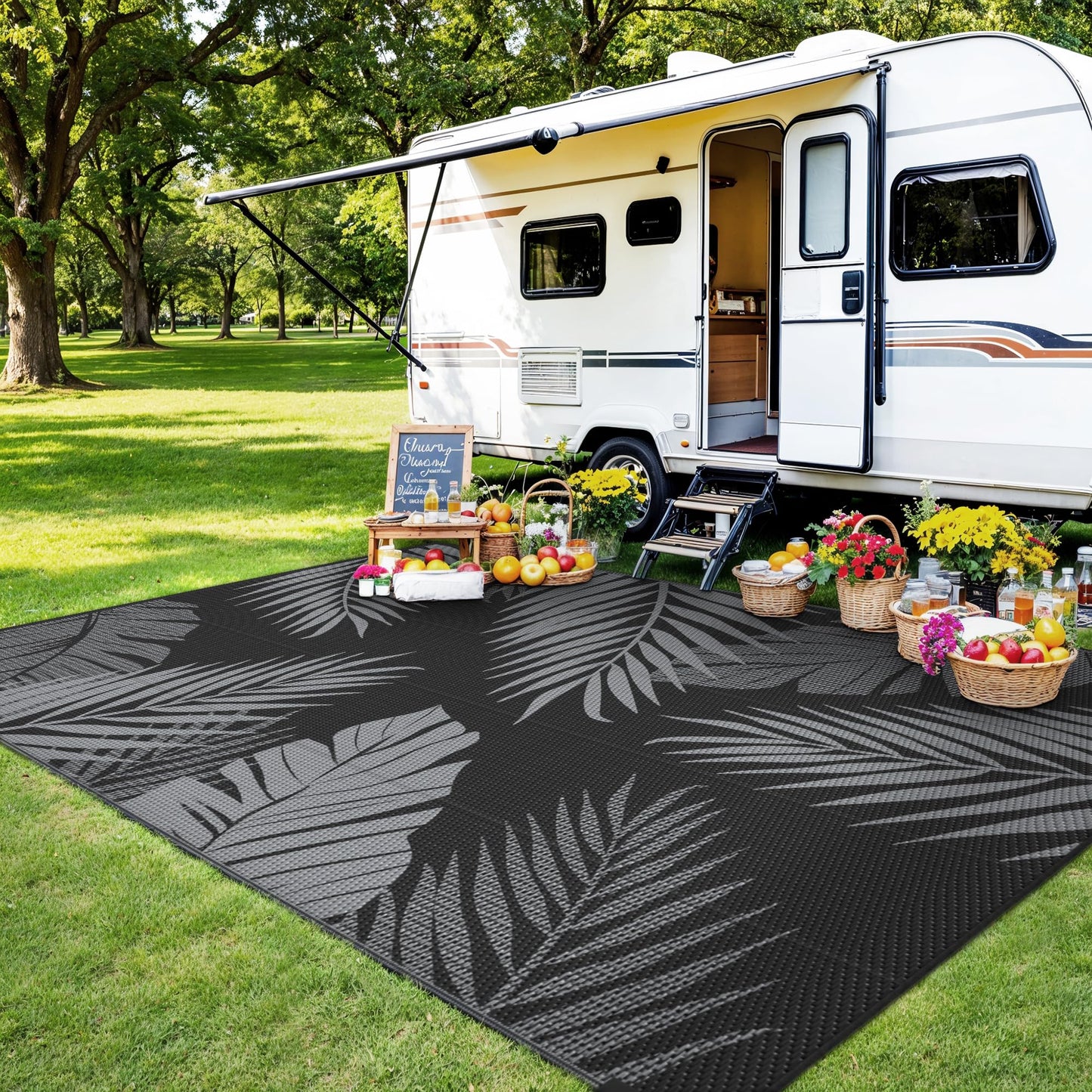 sarben Outdoor Rug 8’x10’ Waterproof for Patio Clearance, Reversible Indoor Outdoor Plastic Straw Camping Rug Carpet, RV Mat, Large Area Rug for Deck, Backyard, Balcony, Porch, Beach, Black & Grey